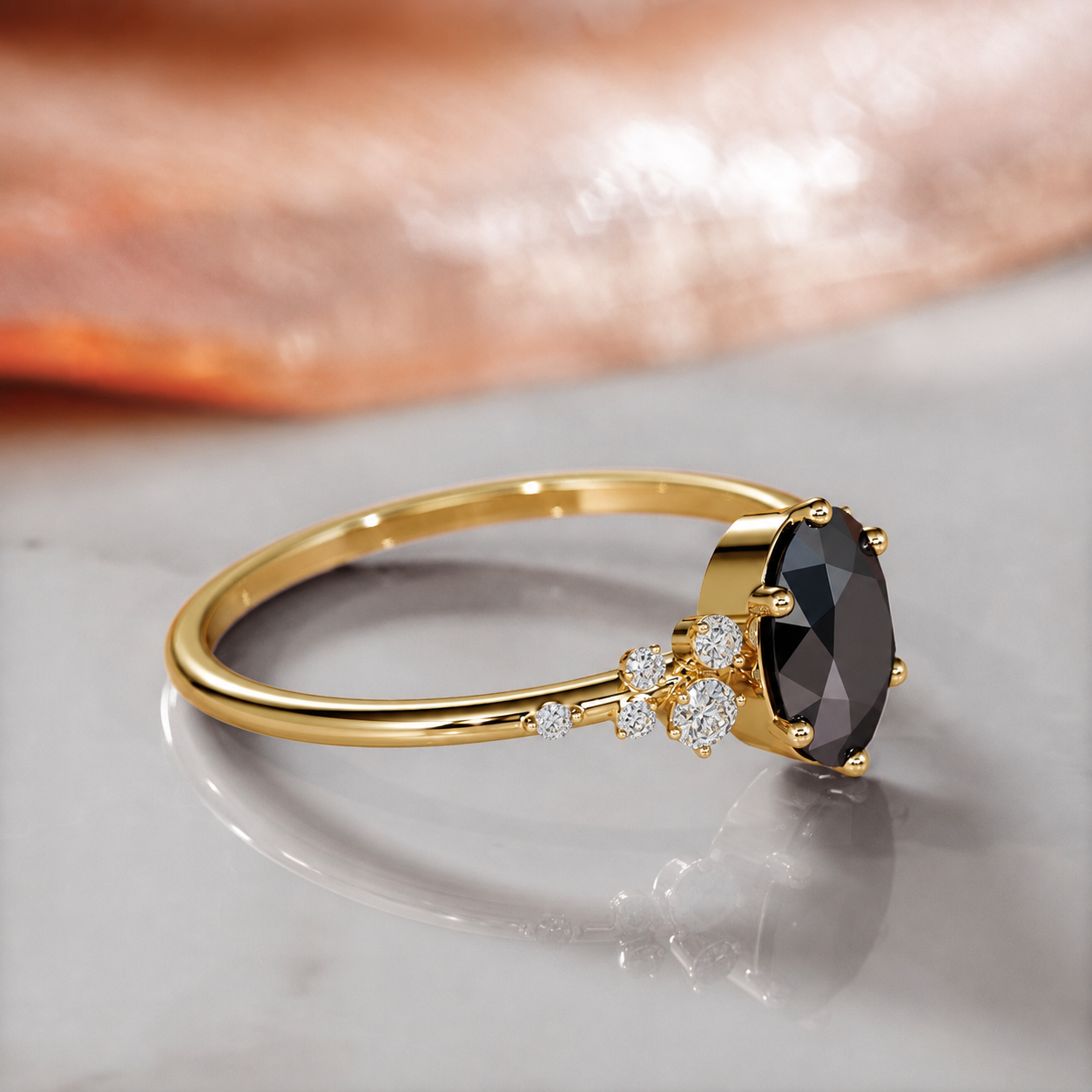 Cluster Natural Black & Whiite Diamond Oval Engagement Ring in Yellow Gold