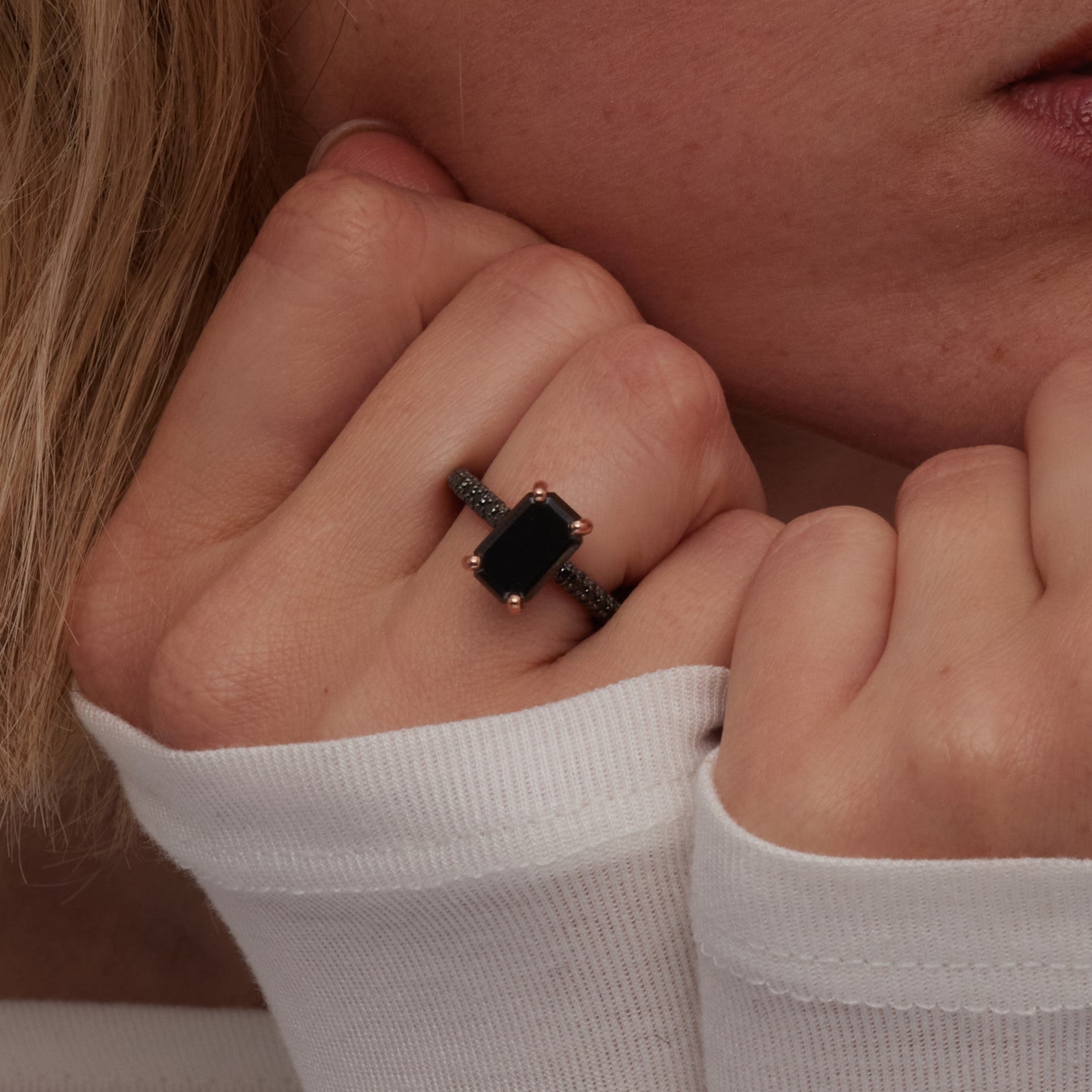 Black Diamond  Natural Black Diamond Emerald Cut Engagement Ring  in Yellow Gold