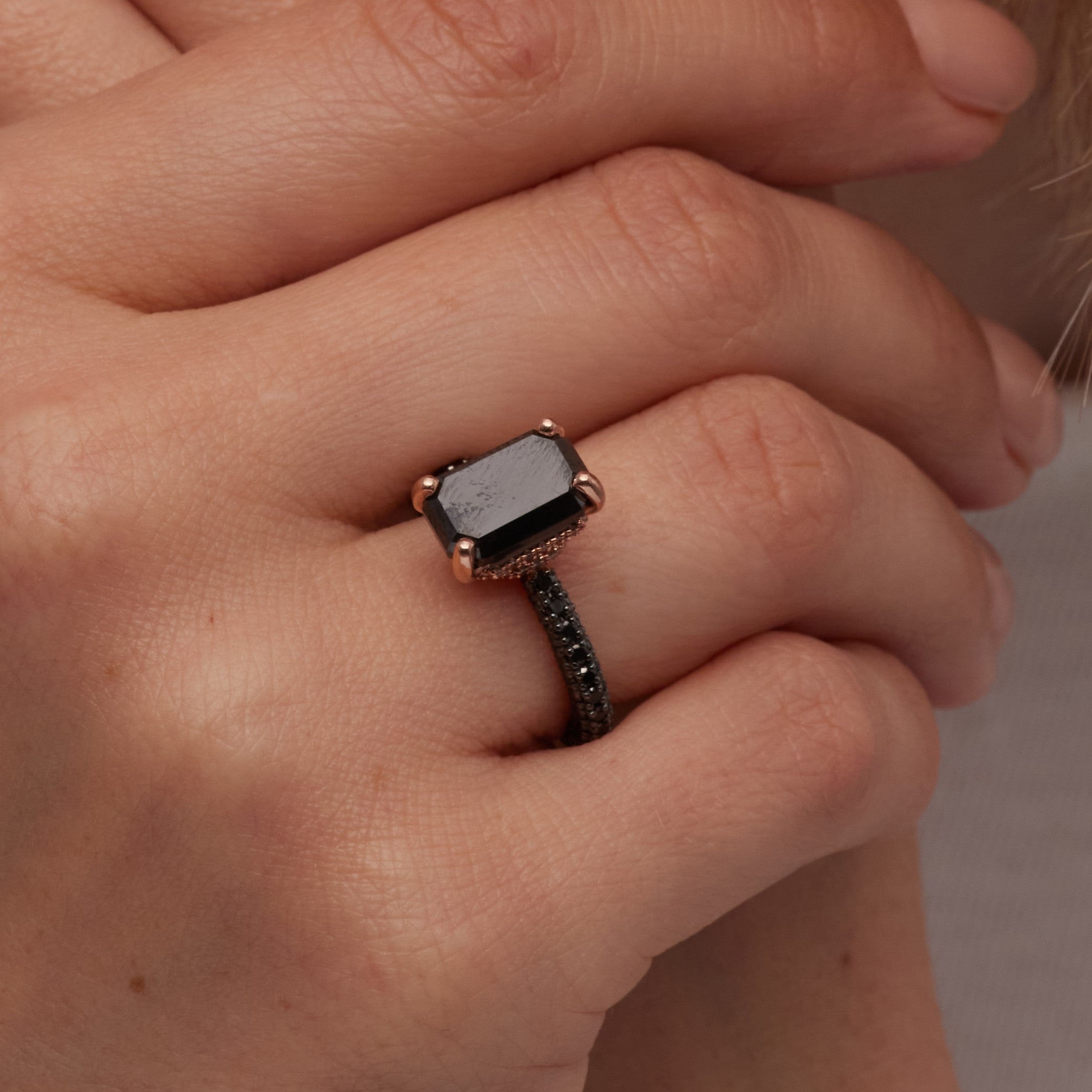 Black Diamond  Natural Black Diamond Emerald Cut Engagement Ring  in Yellow Gold