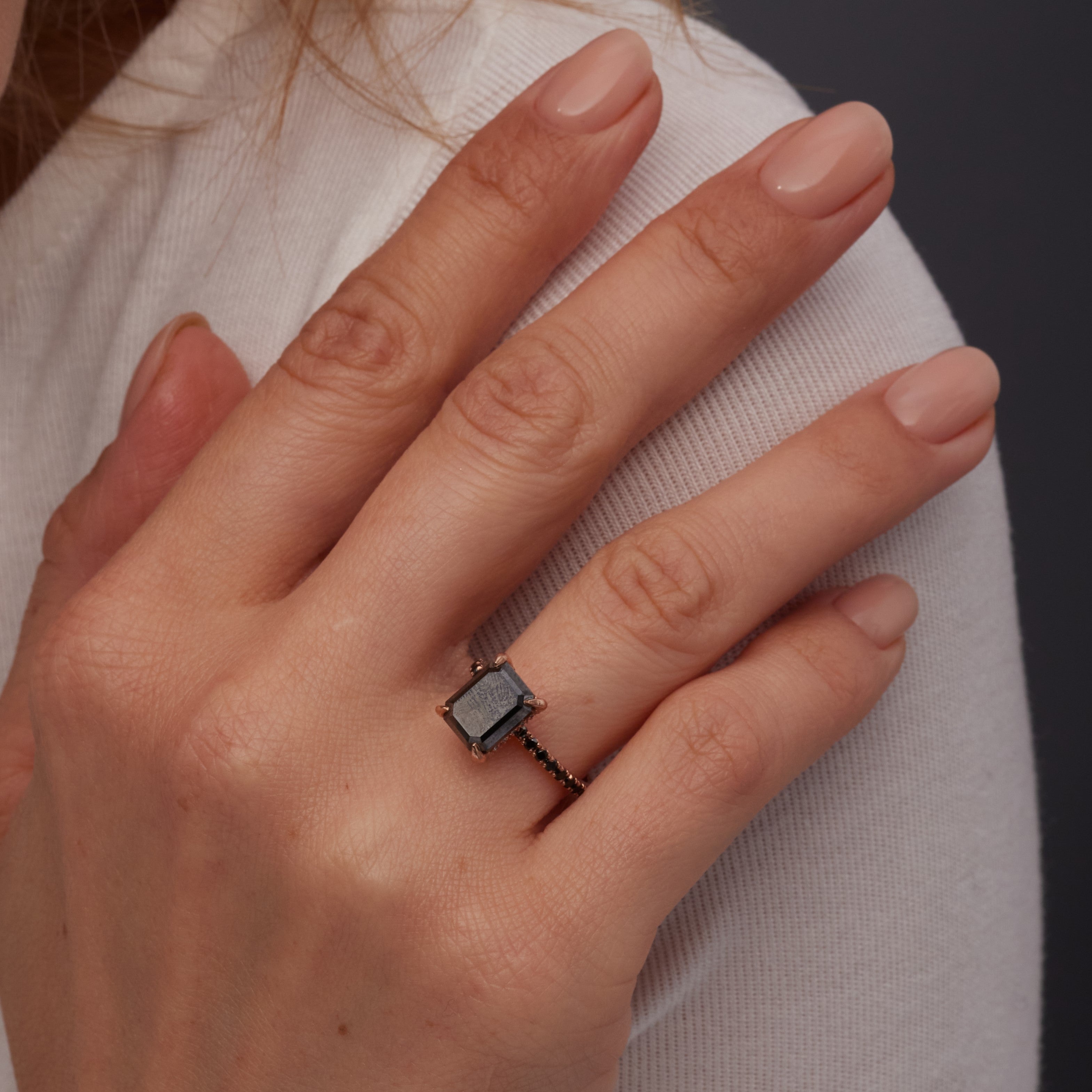 Black Diamond  Natural Black Diamond Emerald Cut Engagement Ring  in Yellow Gold