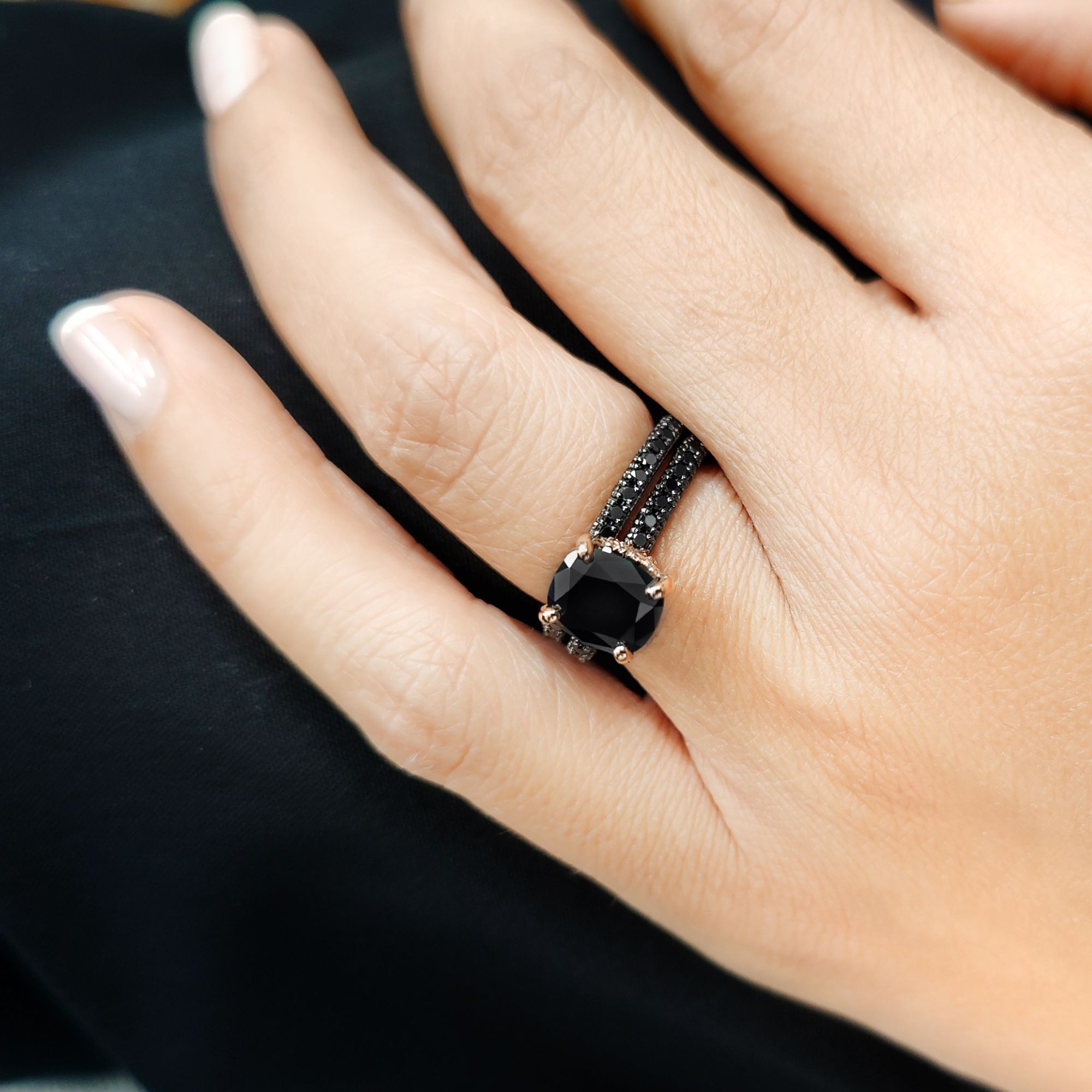 Pave Wedding Ring with Round Cut Natural Black Diamonds Rose Gold