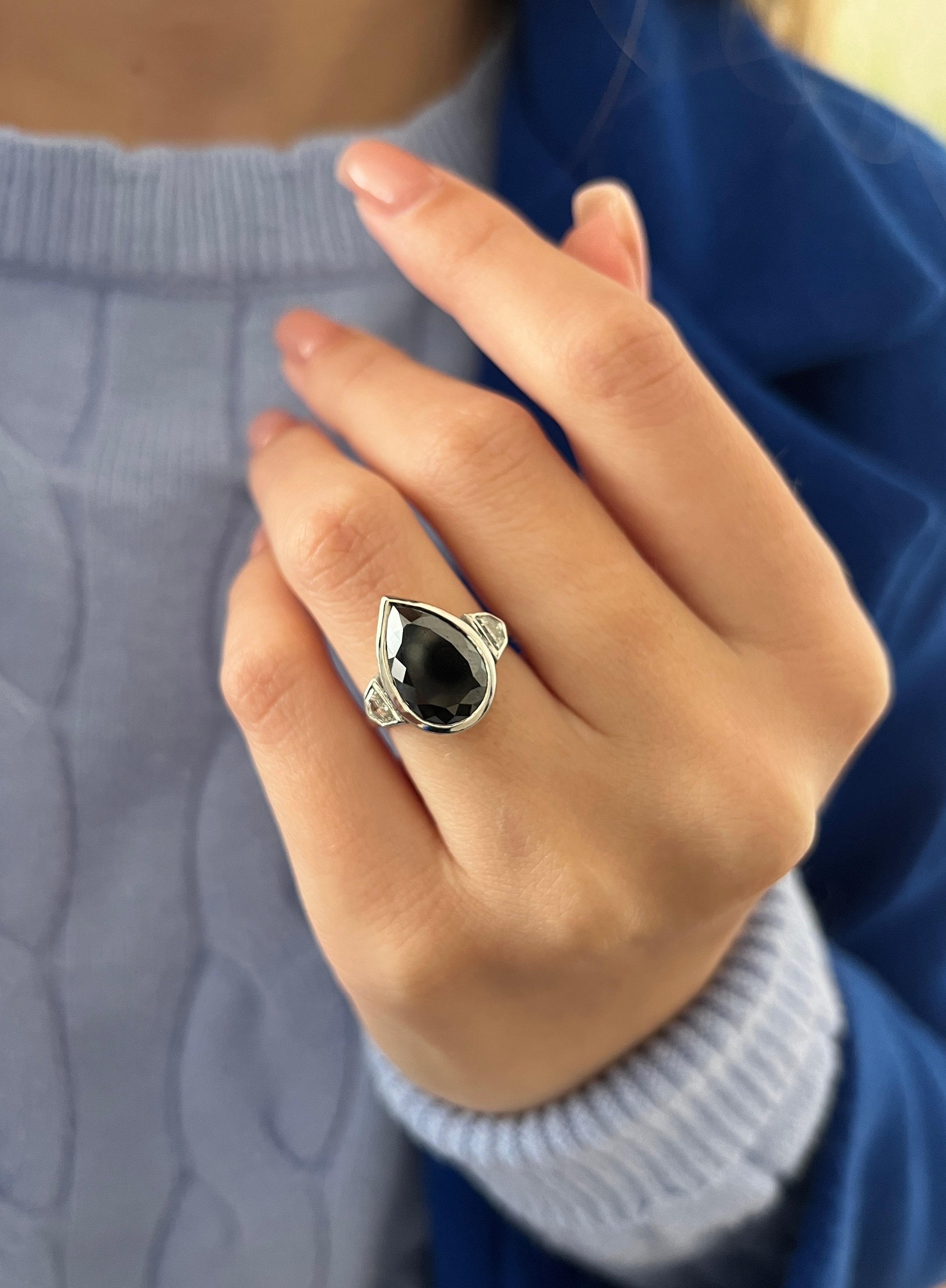 Bezel  Natural Black Diamond Pear Engagement Ring