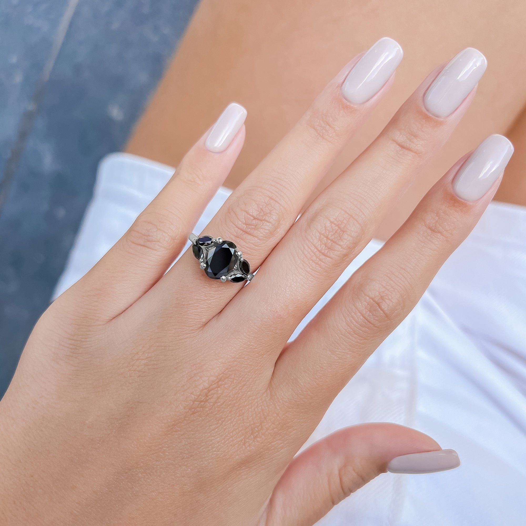 Rosette - Floral Natural Black Diamond Oval Engagement Ring