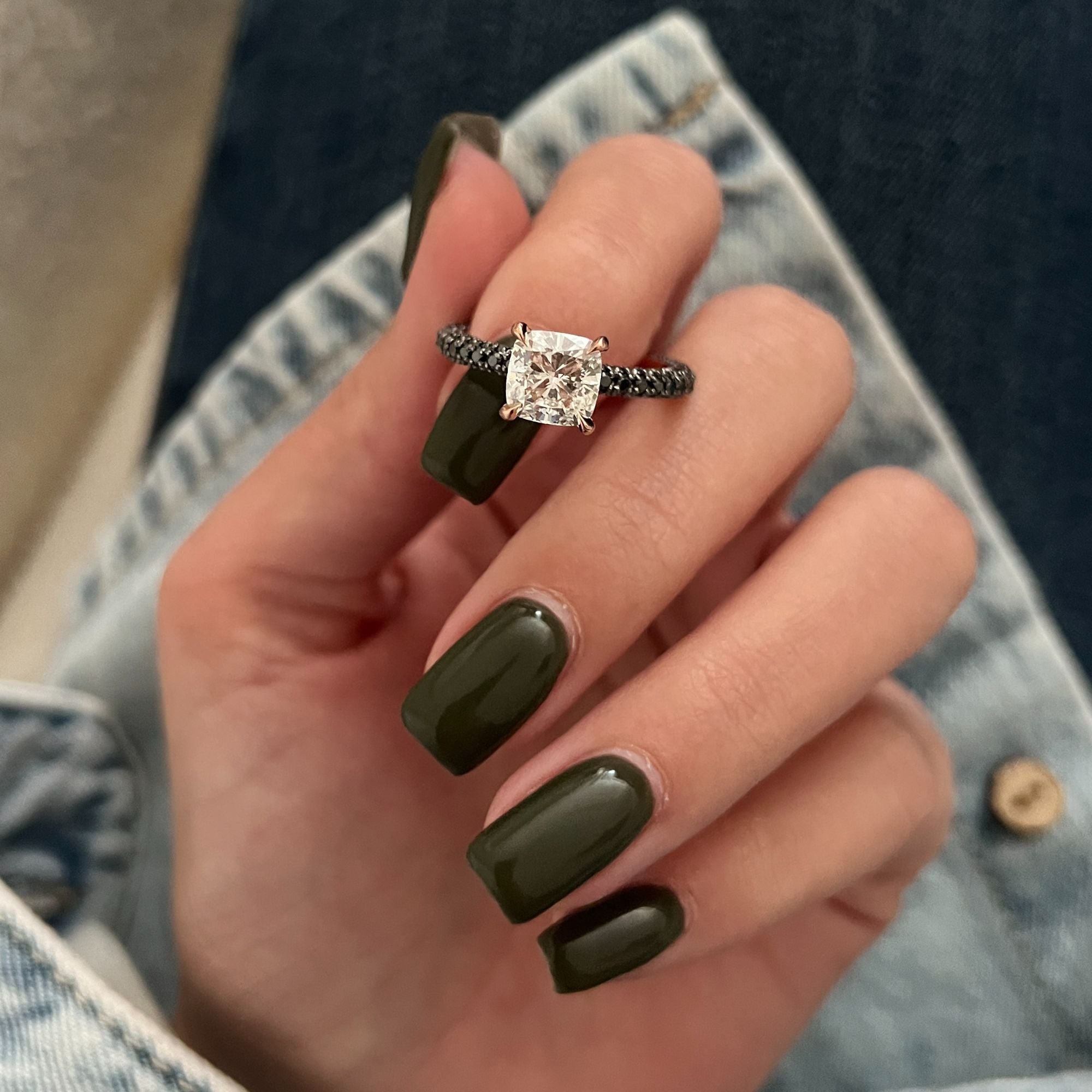 White & Black Diamonds Cushion Cut Engagement Ring