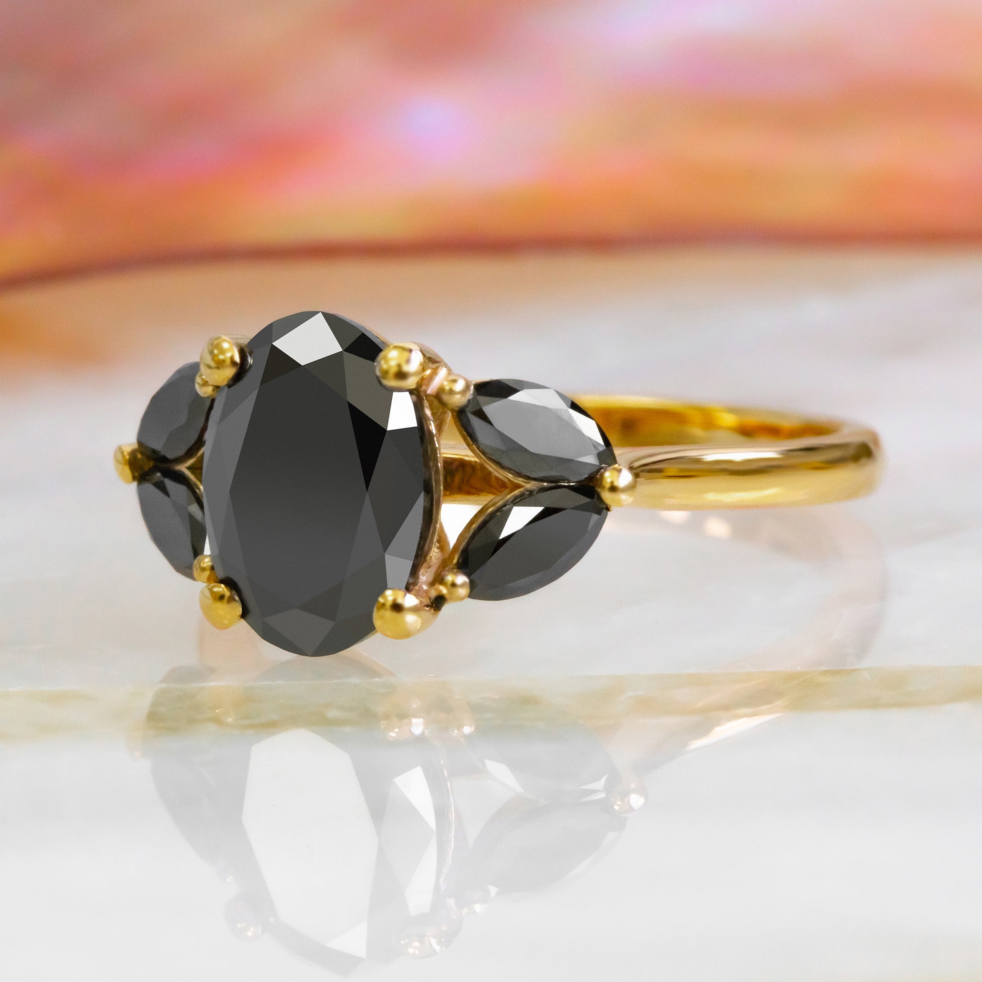Rosette - Floral Natural Black Diamond Oval Engagement Ring