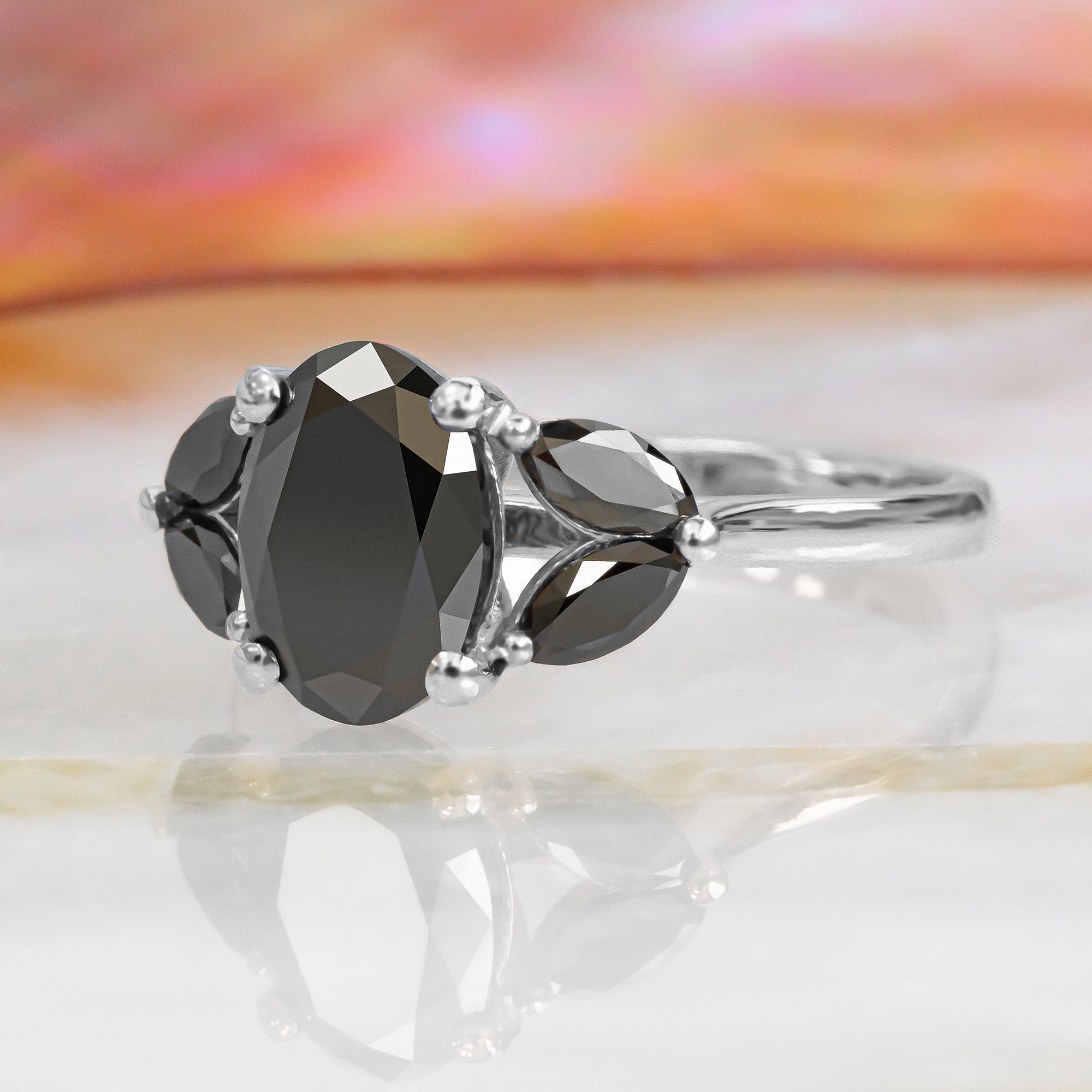 Rosette - Floral Natural Black Diamond Oval Engagement Ring
