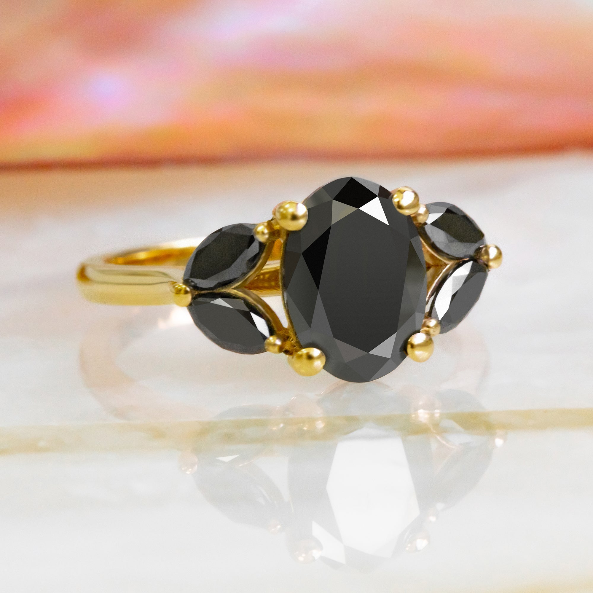 Rosette - Floral Natural Black Diamond Oval Engagement Ring