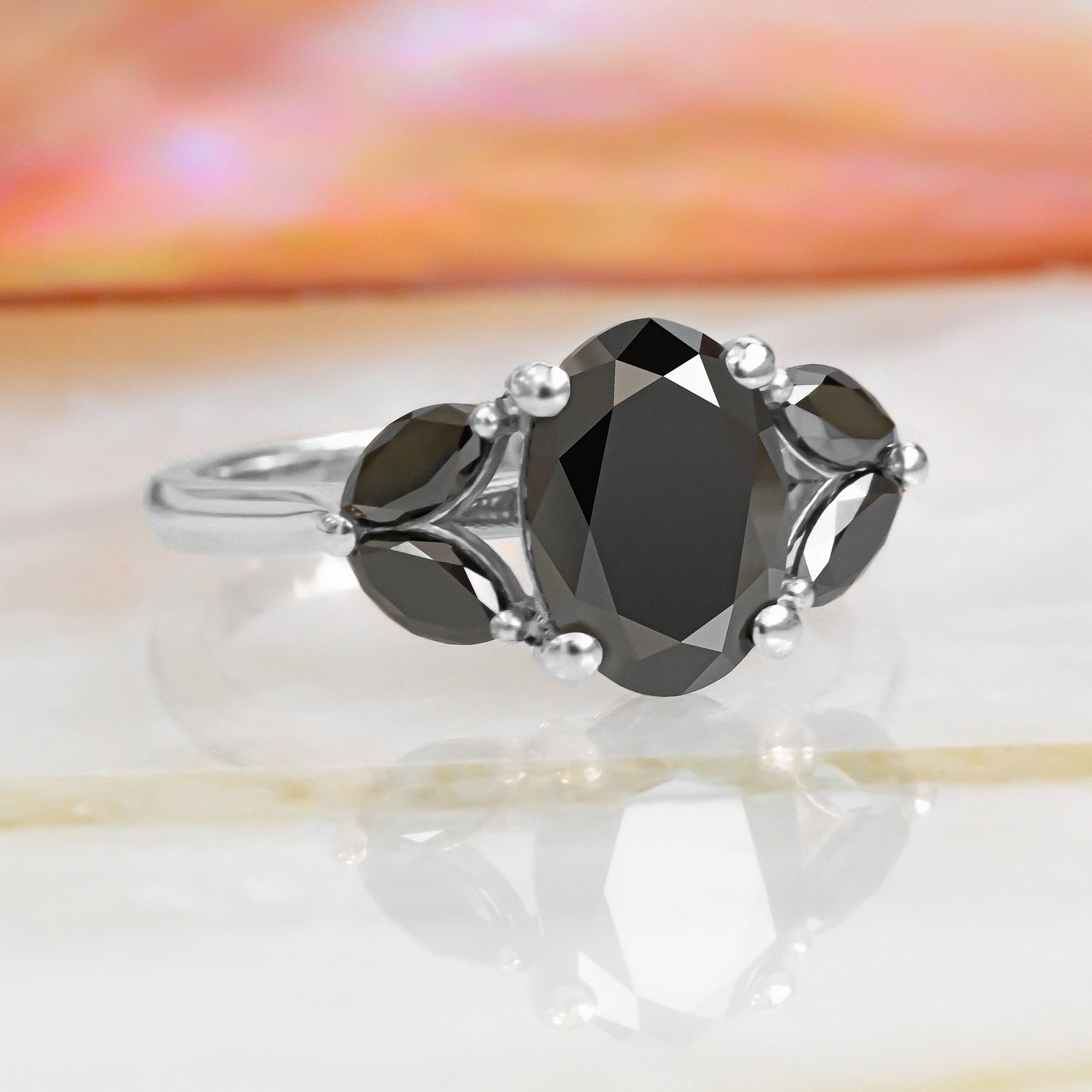 Rosette - Floral Natural Black Diamond Oval Engagement Ring