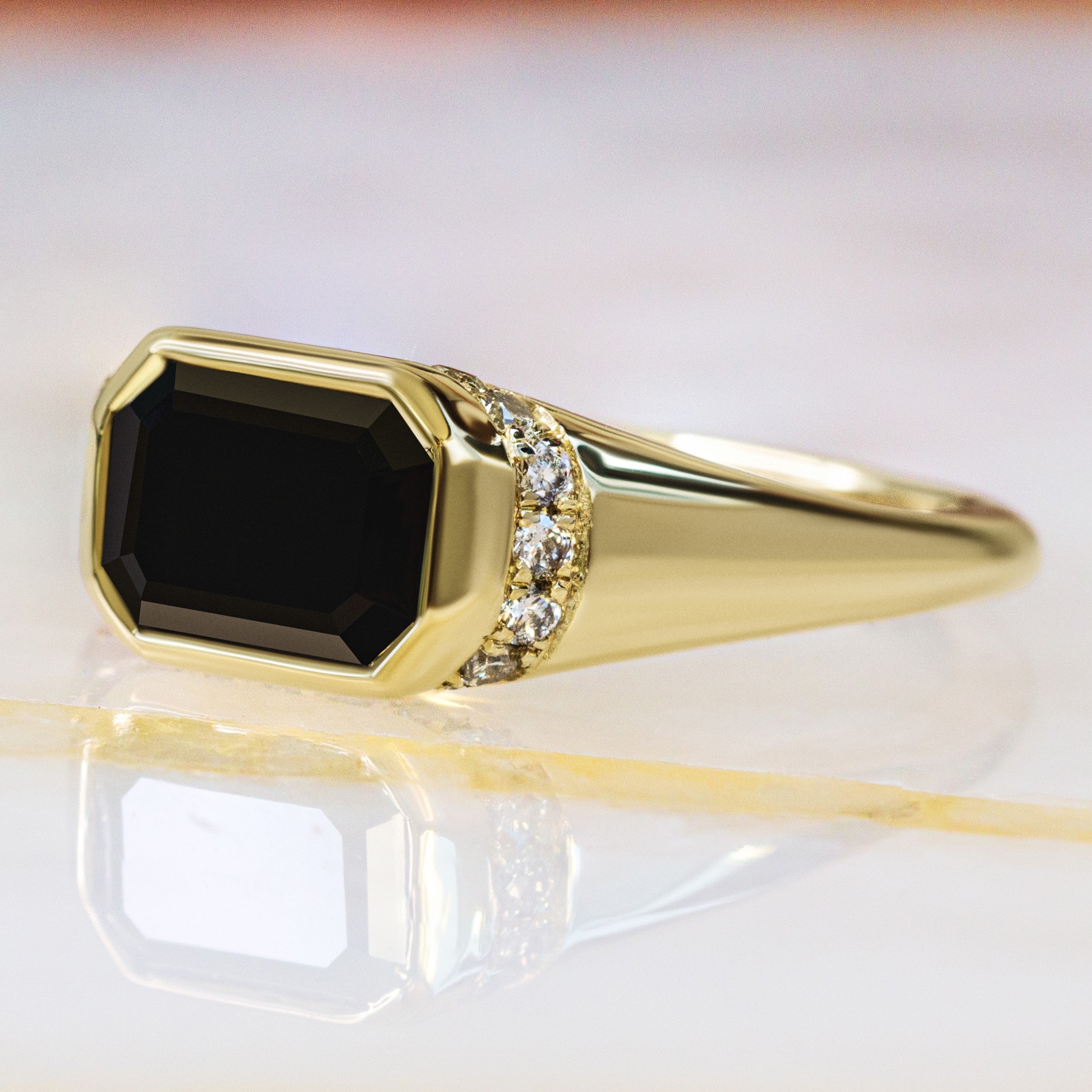 Art Deco Natural Black Diamond Emerald Cut Engagement Ring in Yellow Gold