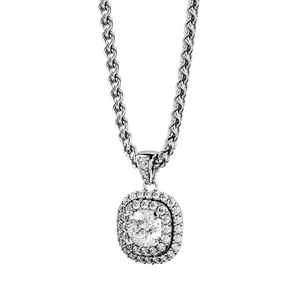 Light Tunnel - Natural Diamond Double Halo Pendant with a Yellow Gold Necklace