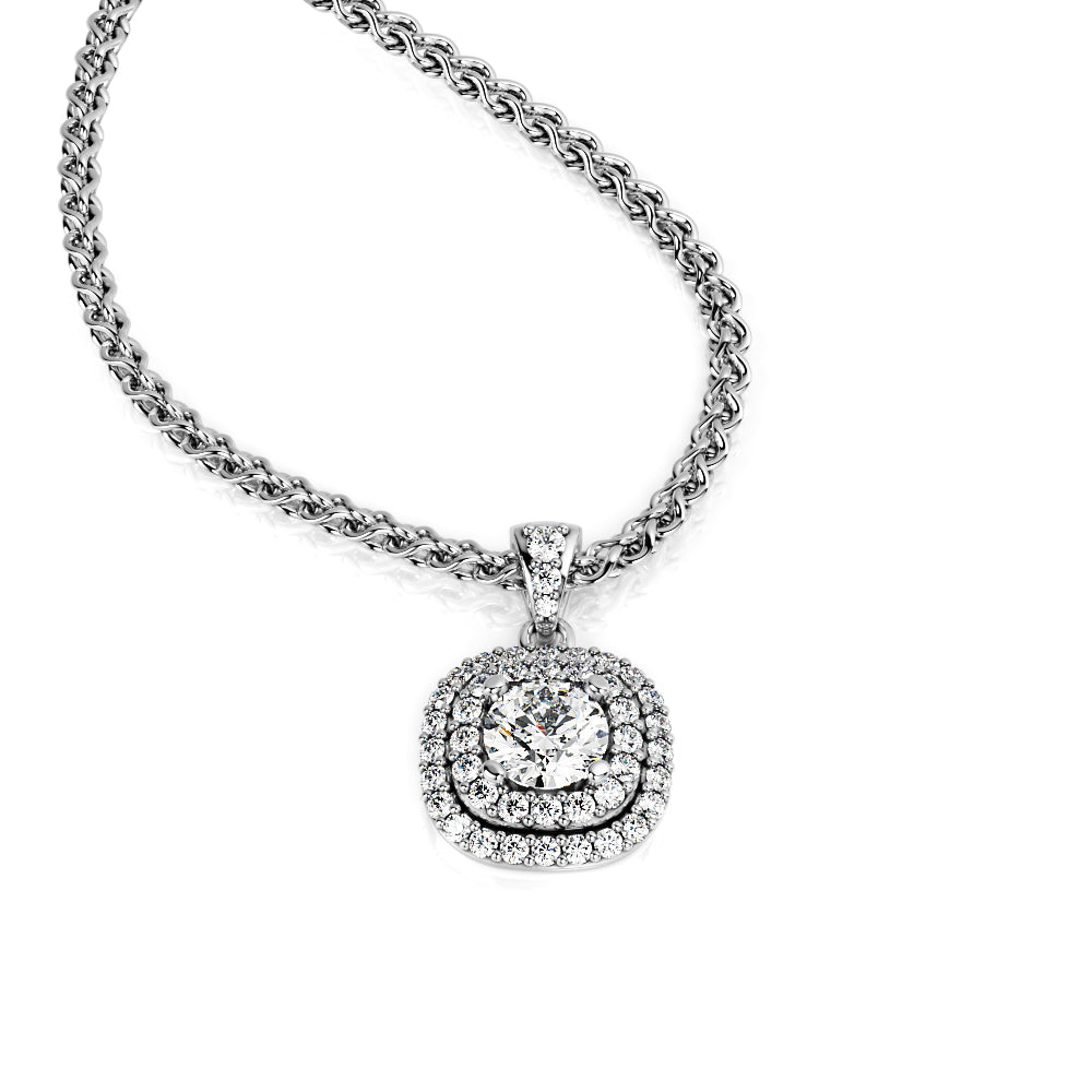 Light Tunnel - Natural Diamond Double Halo Pendant with a Yellow Gold Necklace