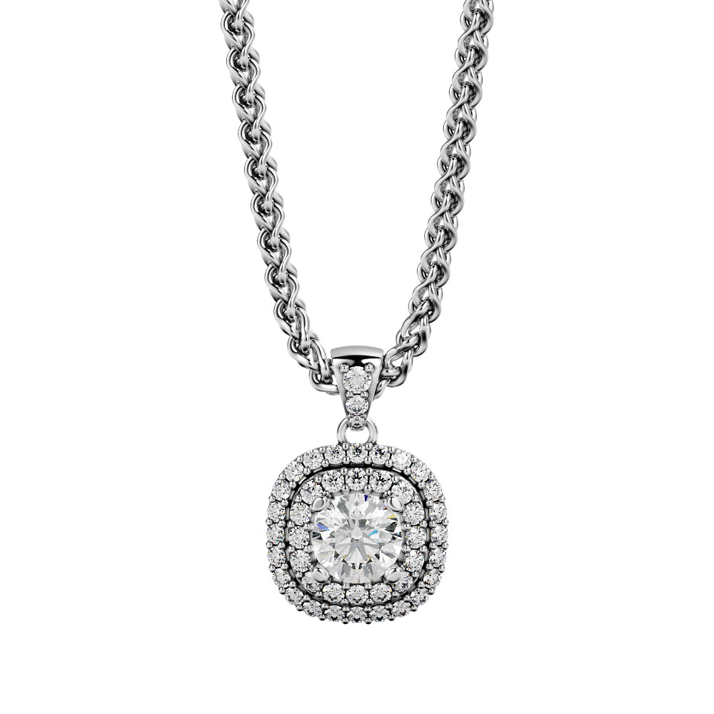 Light Tunnel - Natural Diamond Double Halo Pendant with a Yellow Gold Necklace