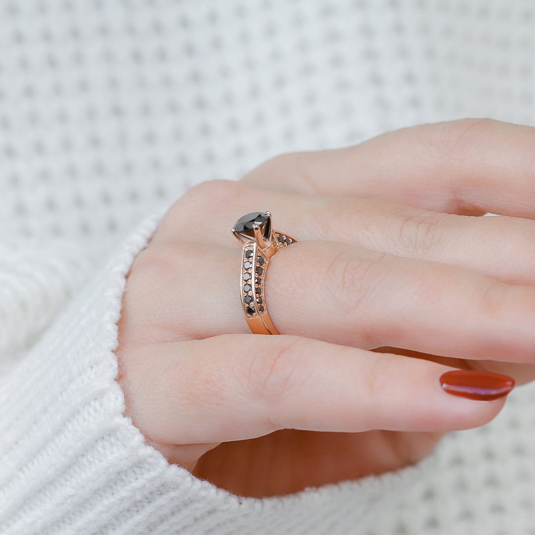 Art Deco Natural Black & White Round Diamond Ring in Rose Gold