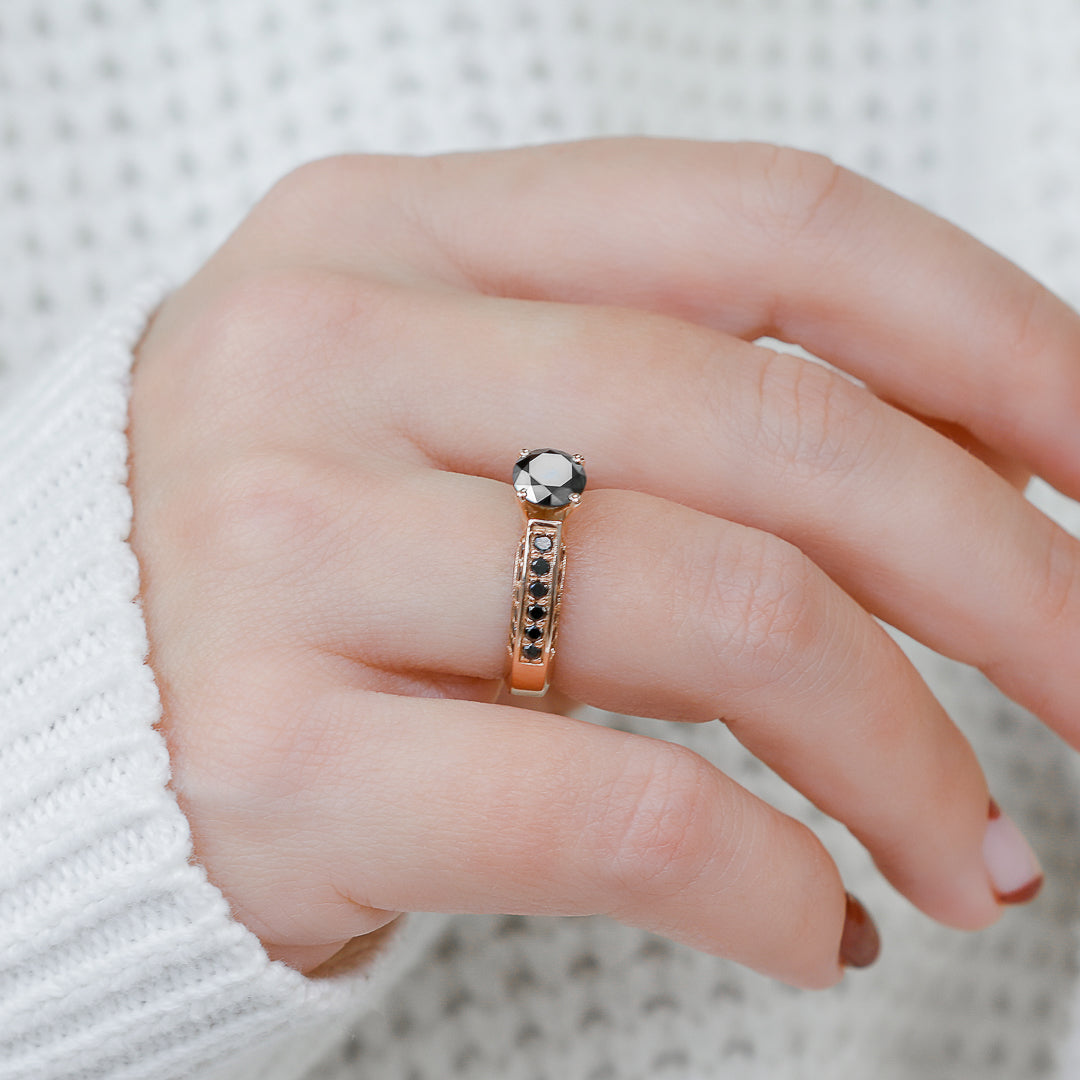 Art Deco Natural Black & White Round Diamond Ring in Rose Gold