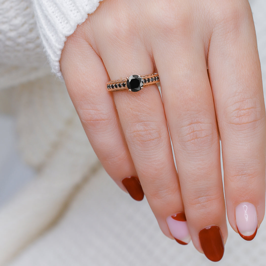 Art Deco Natural Black & White Round Diamond Ring in Rose Gold