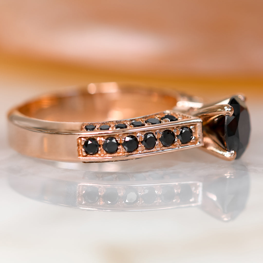 Art Deco Natural Black & White Round Diamond Ring in Rose Gold