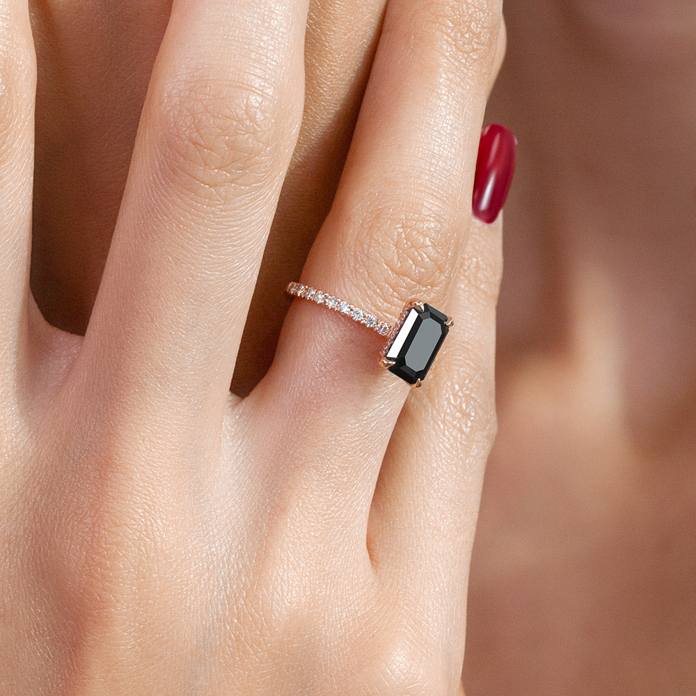 2.2 Carats  Natural Black Diamond Emerald Cut Engagement Ring