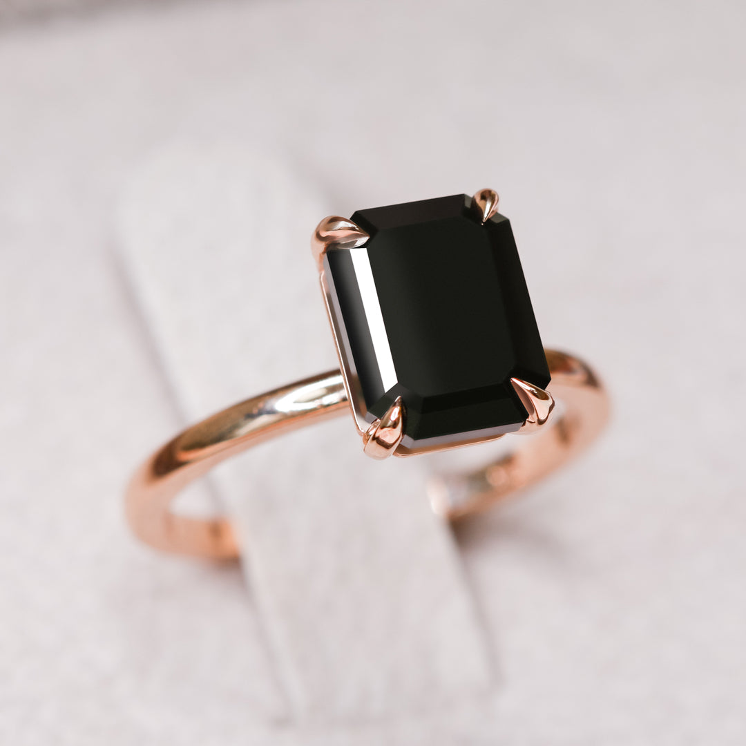 Solitaire  Natural Black Diamond Emerald Cut Engagement Ring