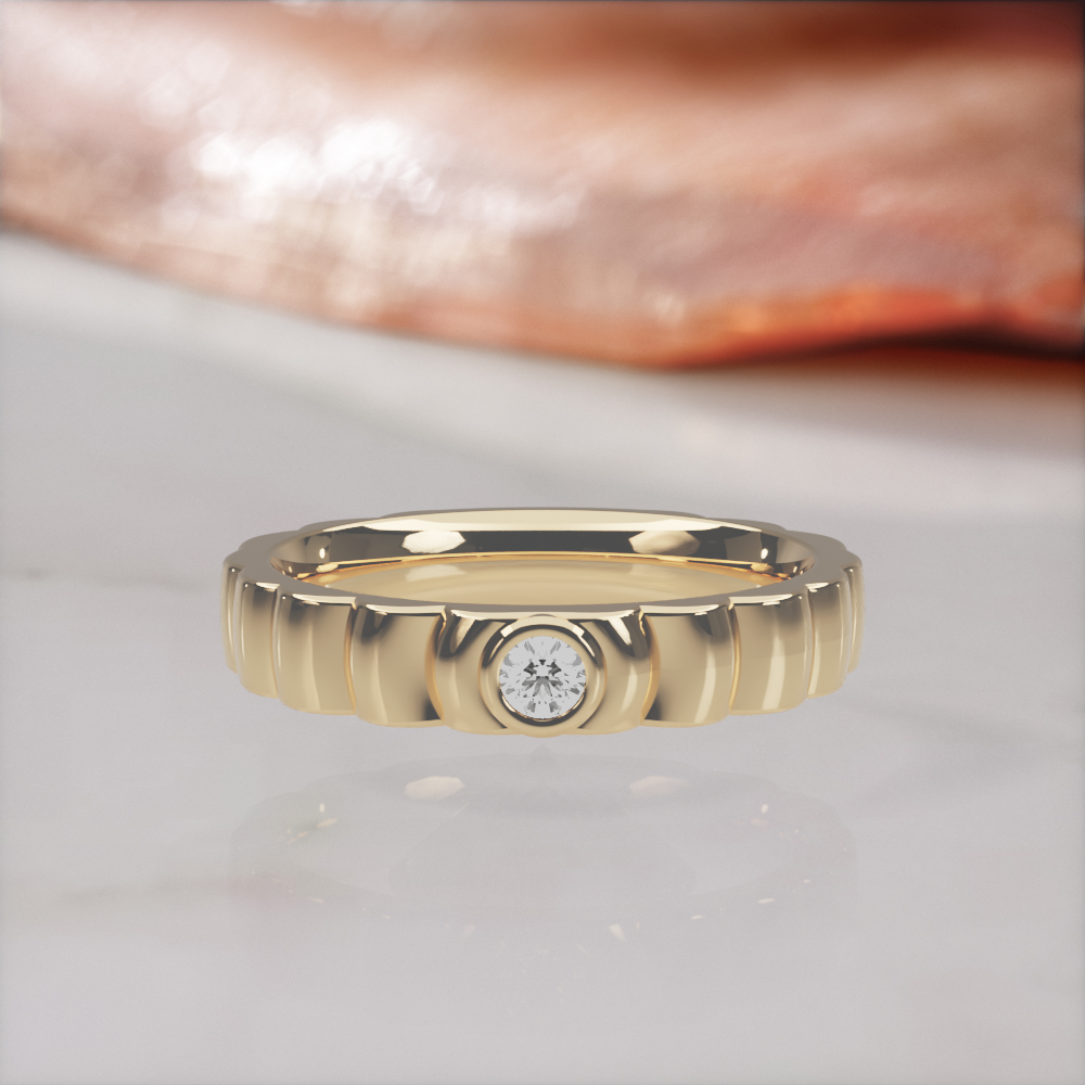 Gravitational Wave wedding band in yellow gold with a natural white diamond, front view