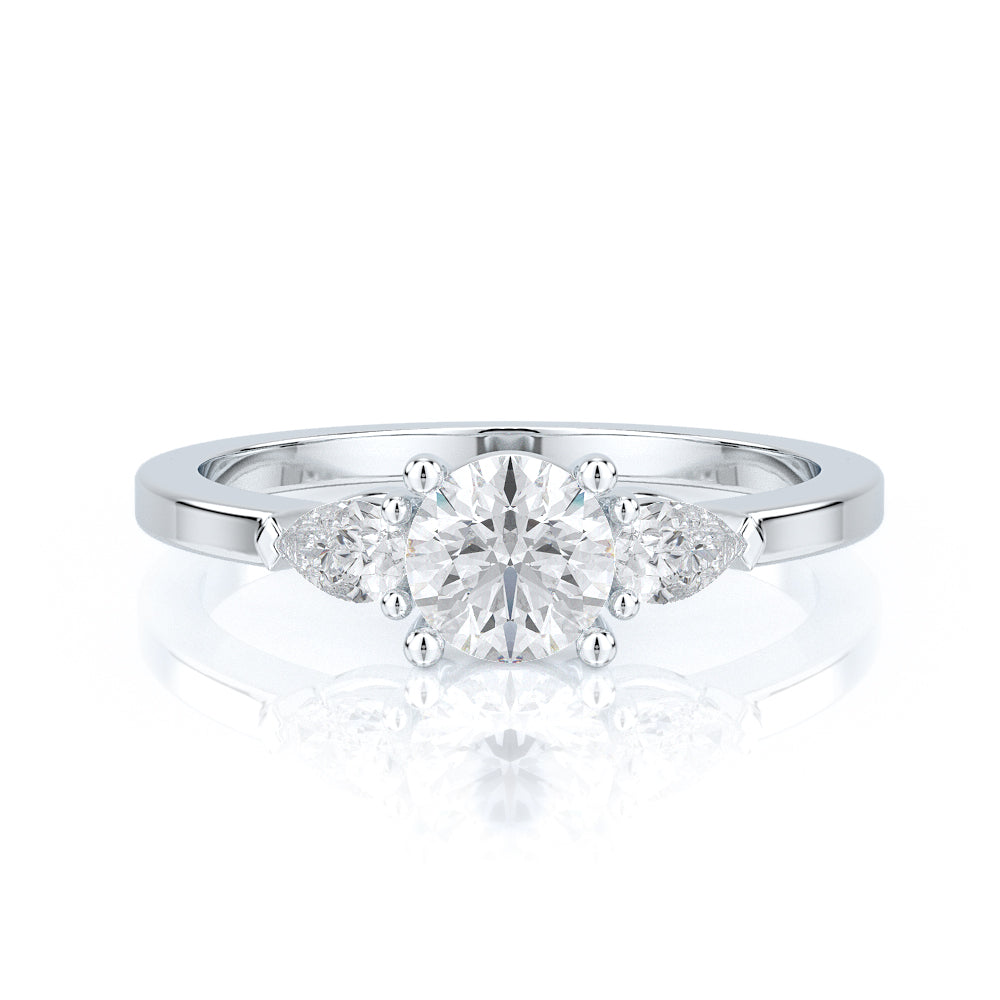 Three Stone Pear & Round Natural Diamond Engagement Ring