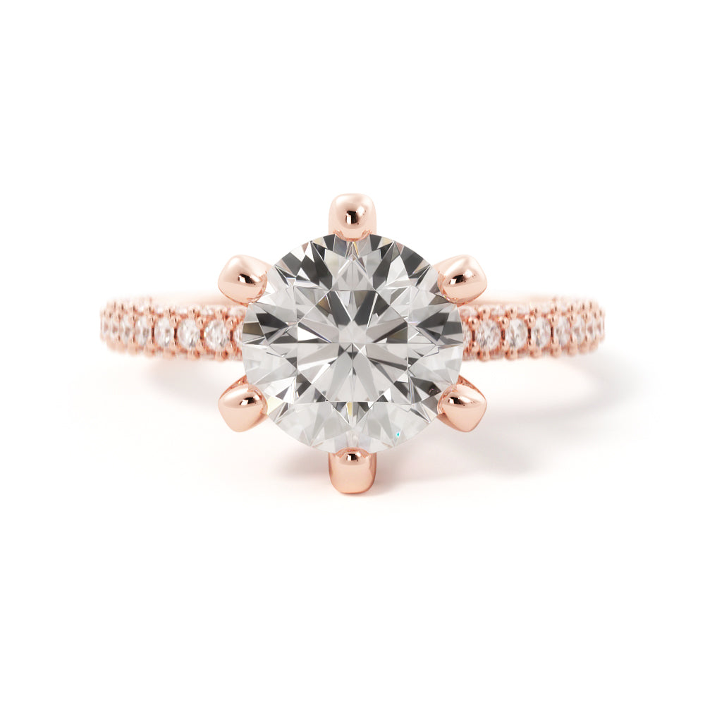 Three Sided Accent Diamonds Natural Round  Diamond Engagement Ring