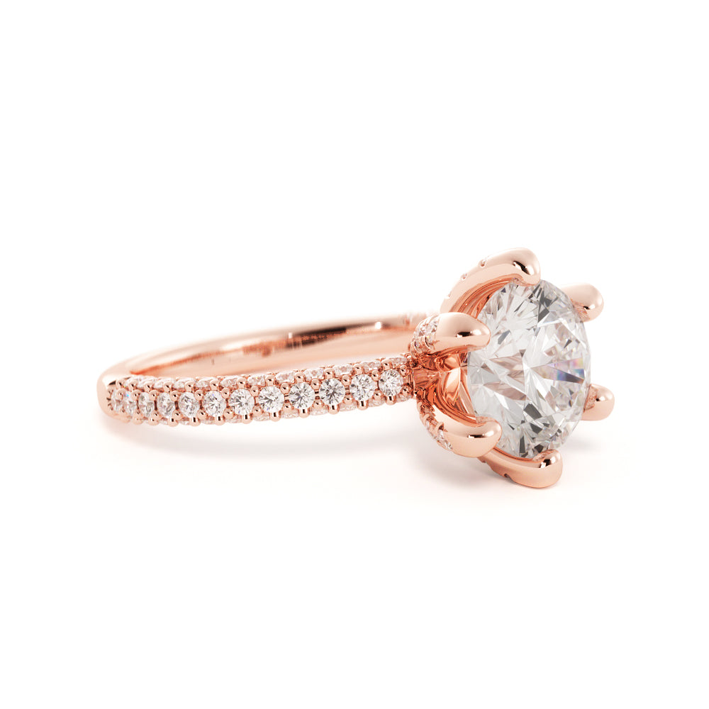 Three Sided Accent Diamonds Natural Round  Diamond Engagement Ring
