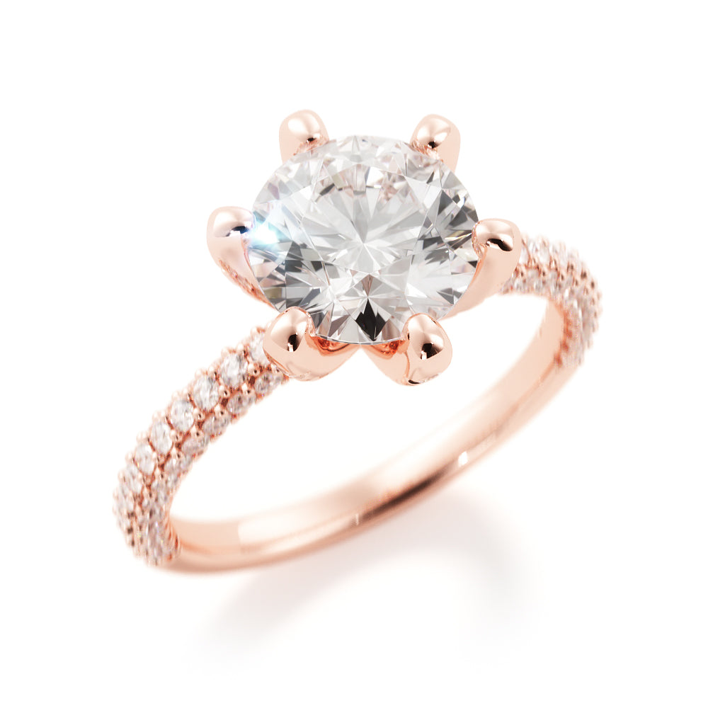 Three Sided Accent Diamonds Natural Round  Diamond Engagement Ring