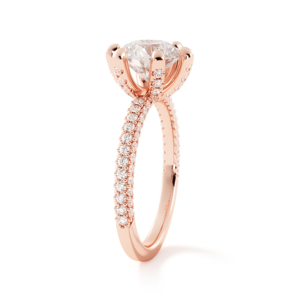 Three Sided Accent Diamonds Natural Round  Diamond Engagement Ring