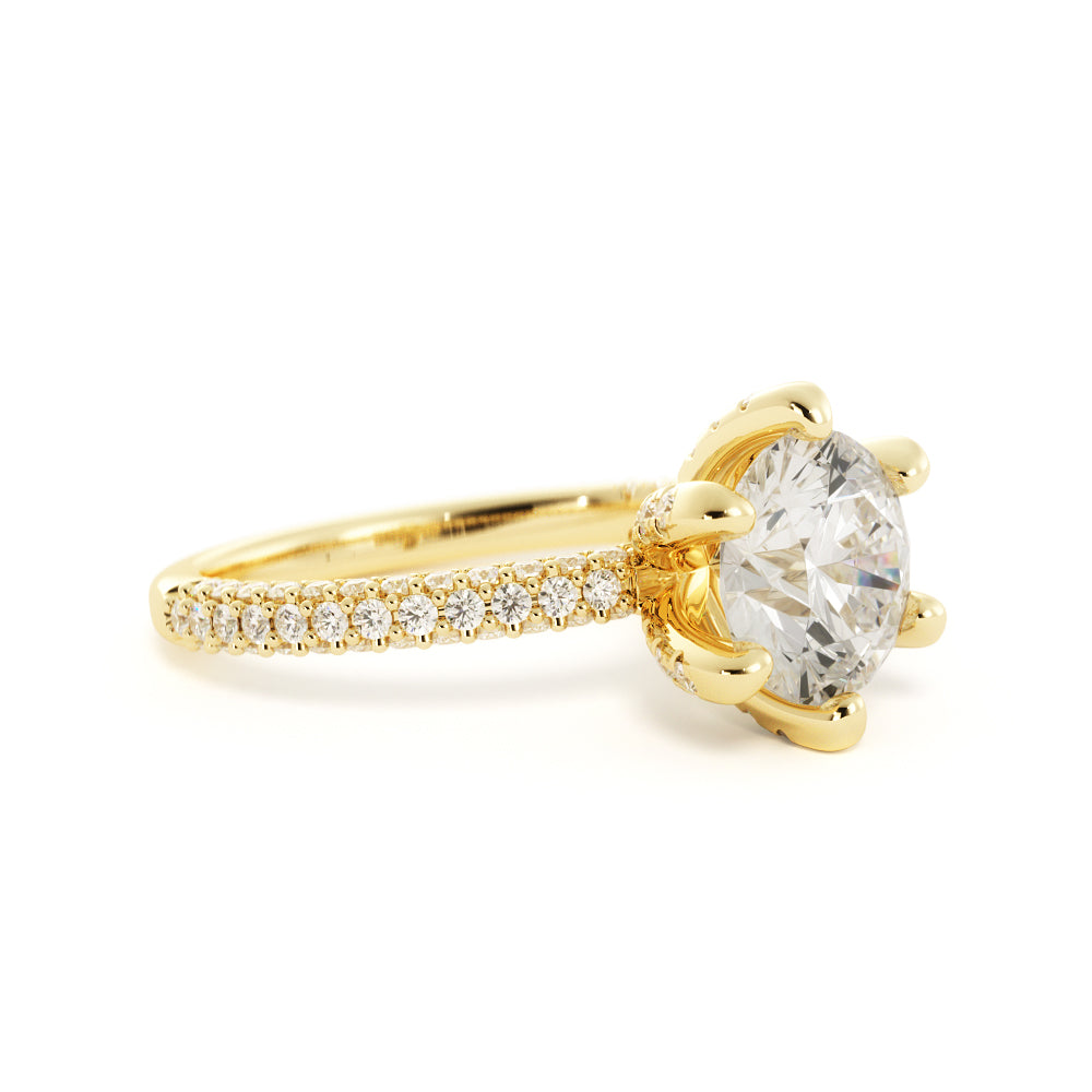 Three Sided Accent Diamonds Natural Round  Diamond Engagement Ring