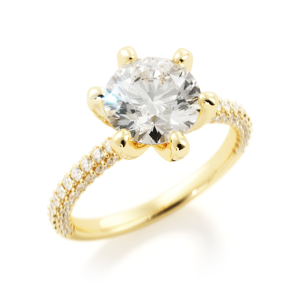 Three Sided Accent Diamonds Natural Round  Diamond Engagement Ring