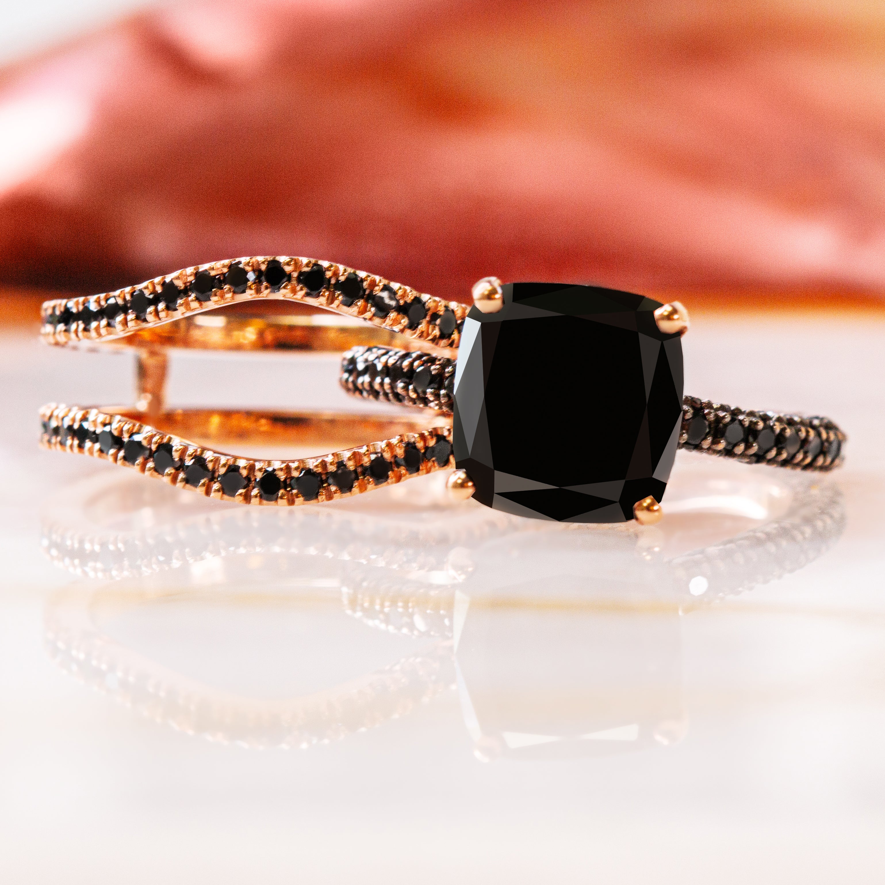 Double Band Wedding Ring with Round Cut Natural Black Diamonds