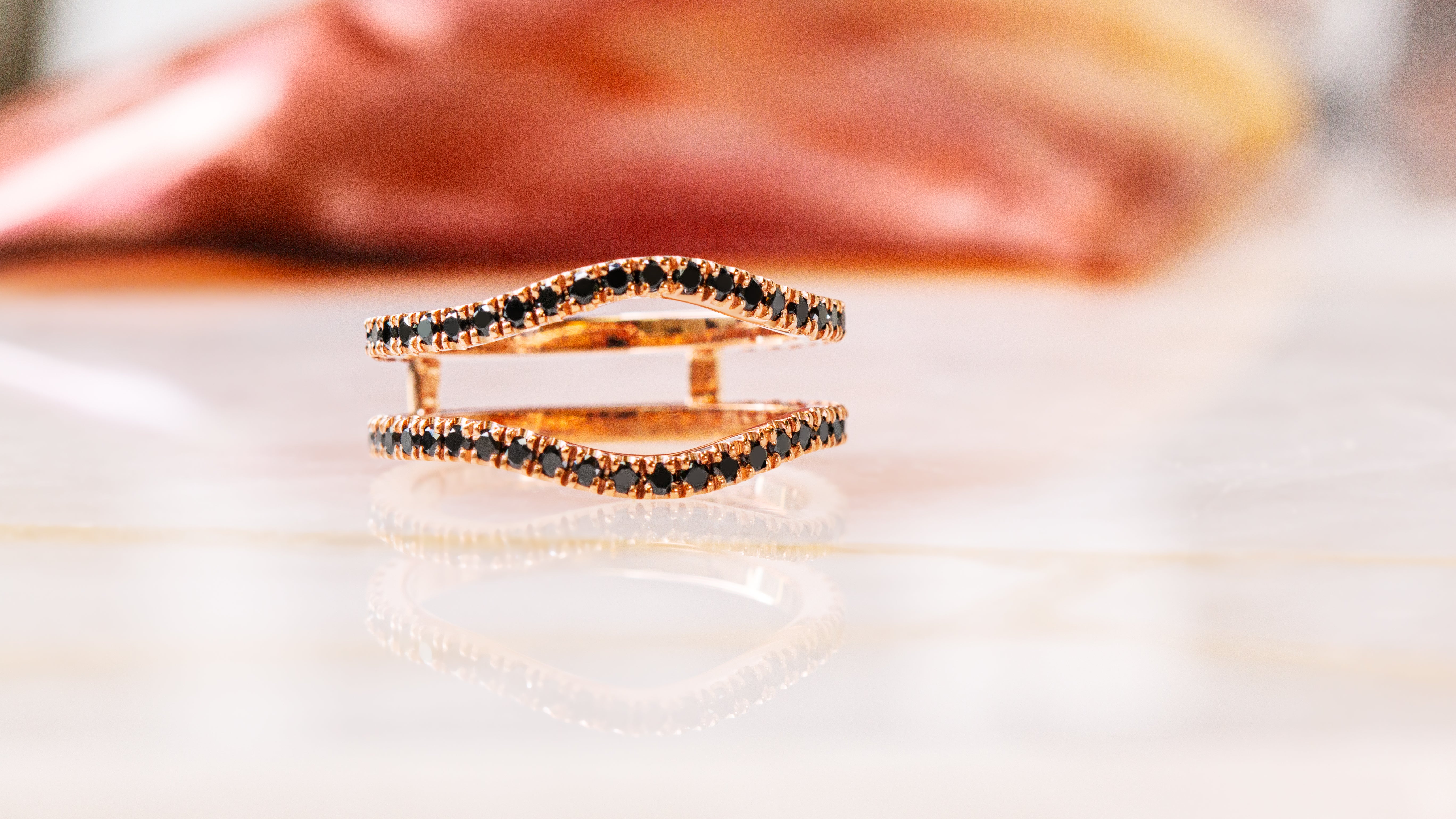 Double Band Wedding Ring with Round Cut Natural Black Diamonds