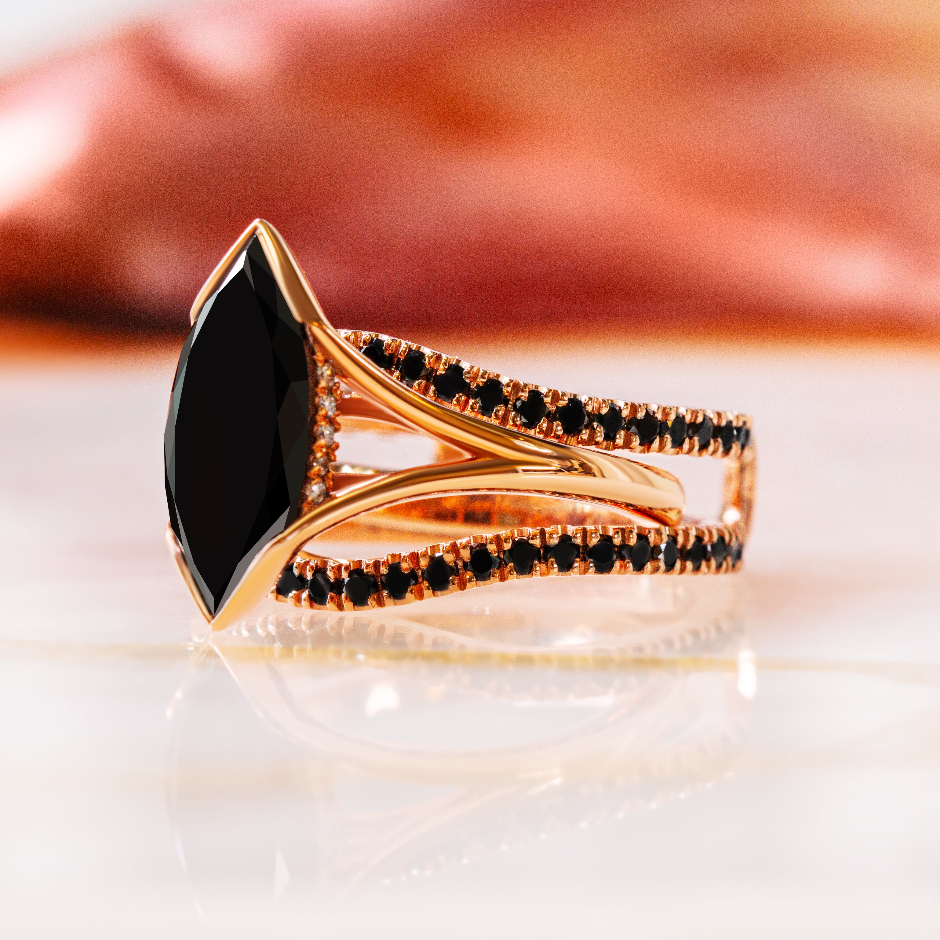 Double Band Wedding Ring with Round Cut Natural Black Diamonds