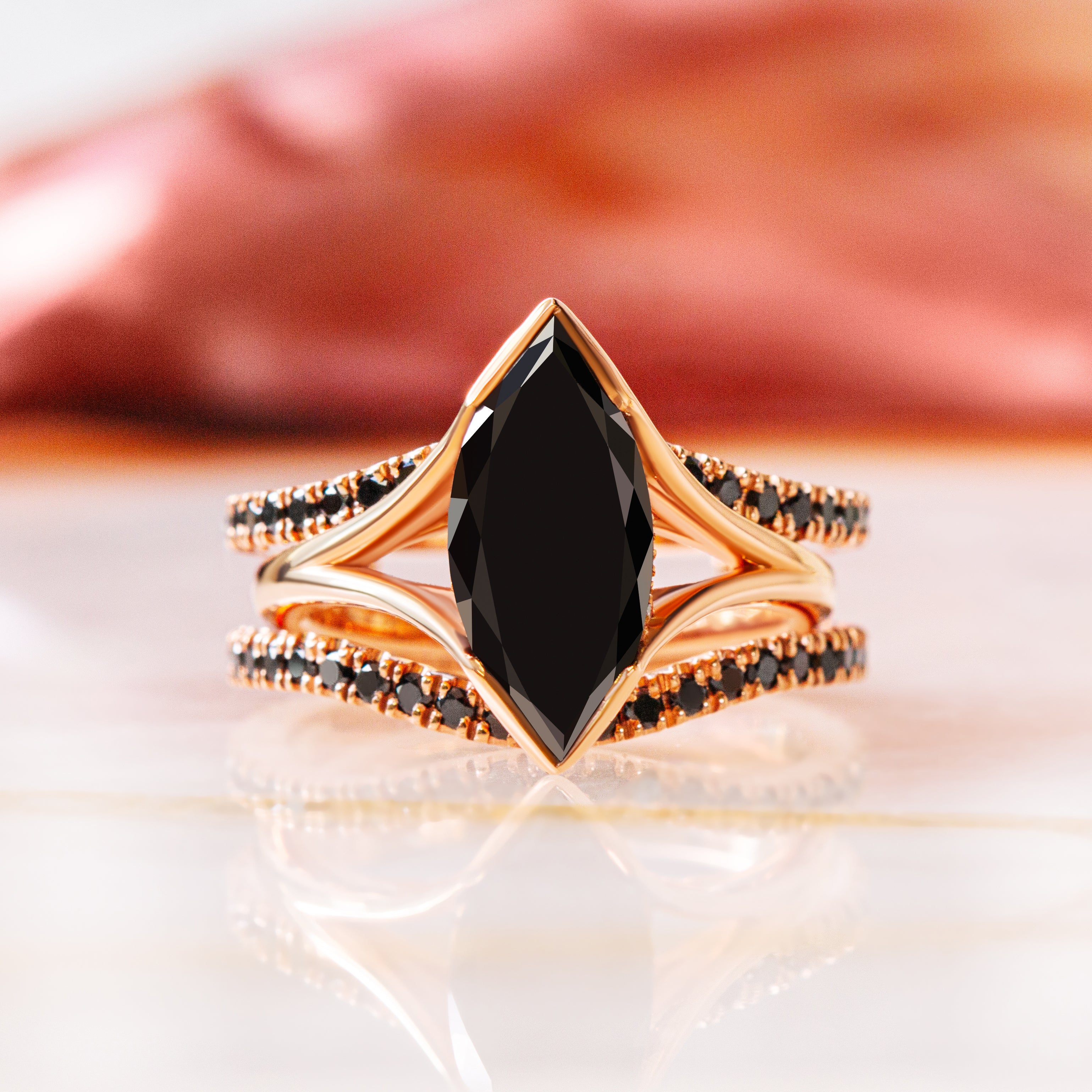 Double Band Wedding Ring with Round Cut Natural Black Diamonds