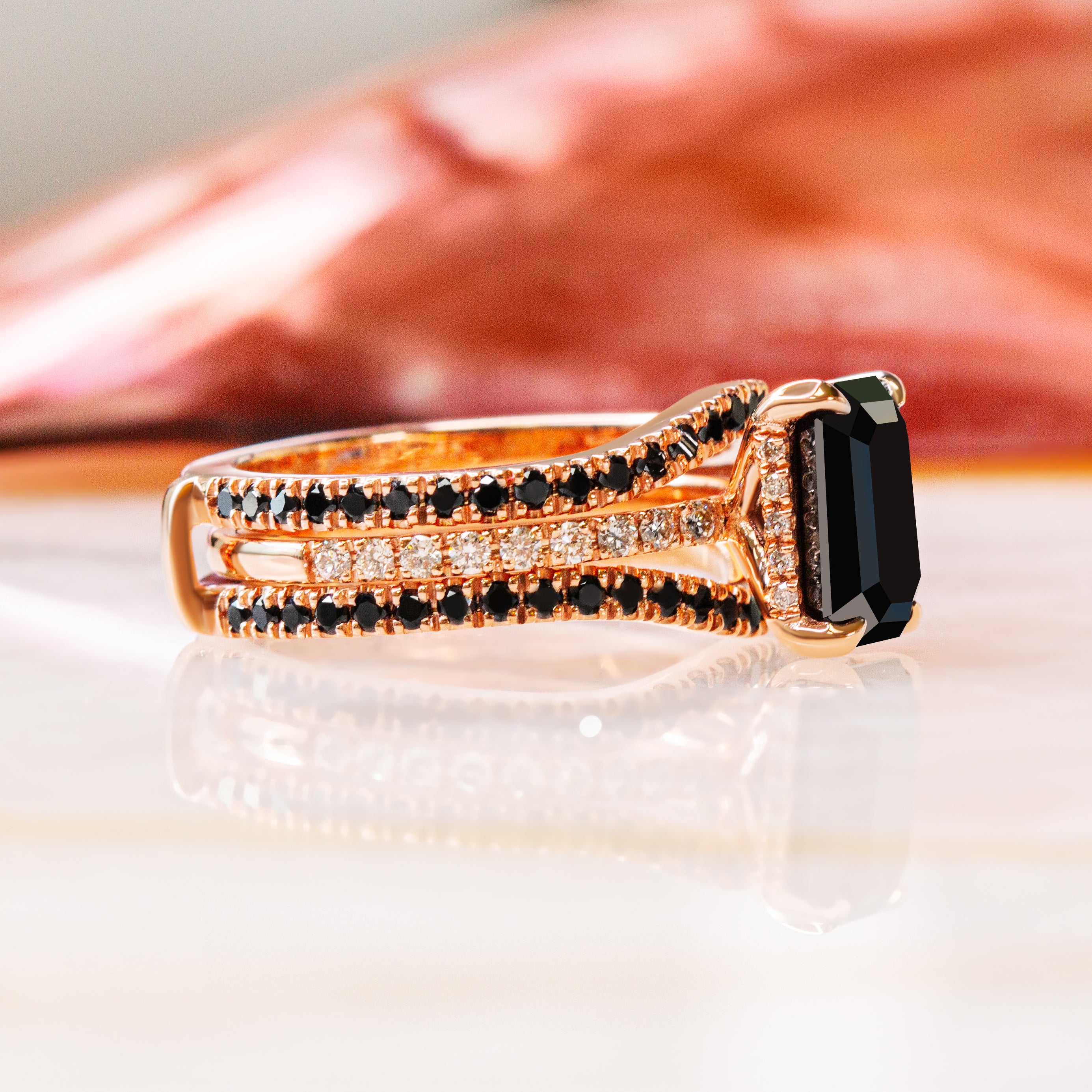 Double Band Wedding Ring with Round Cut Natural Black Diamonds
