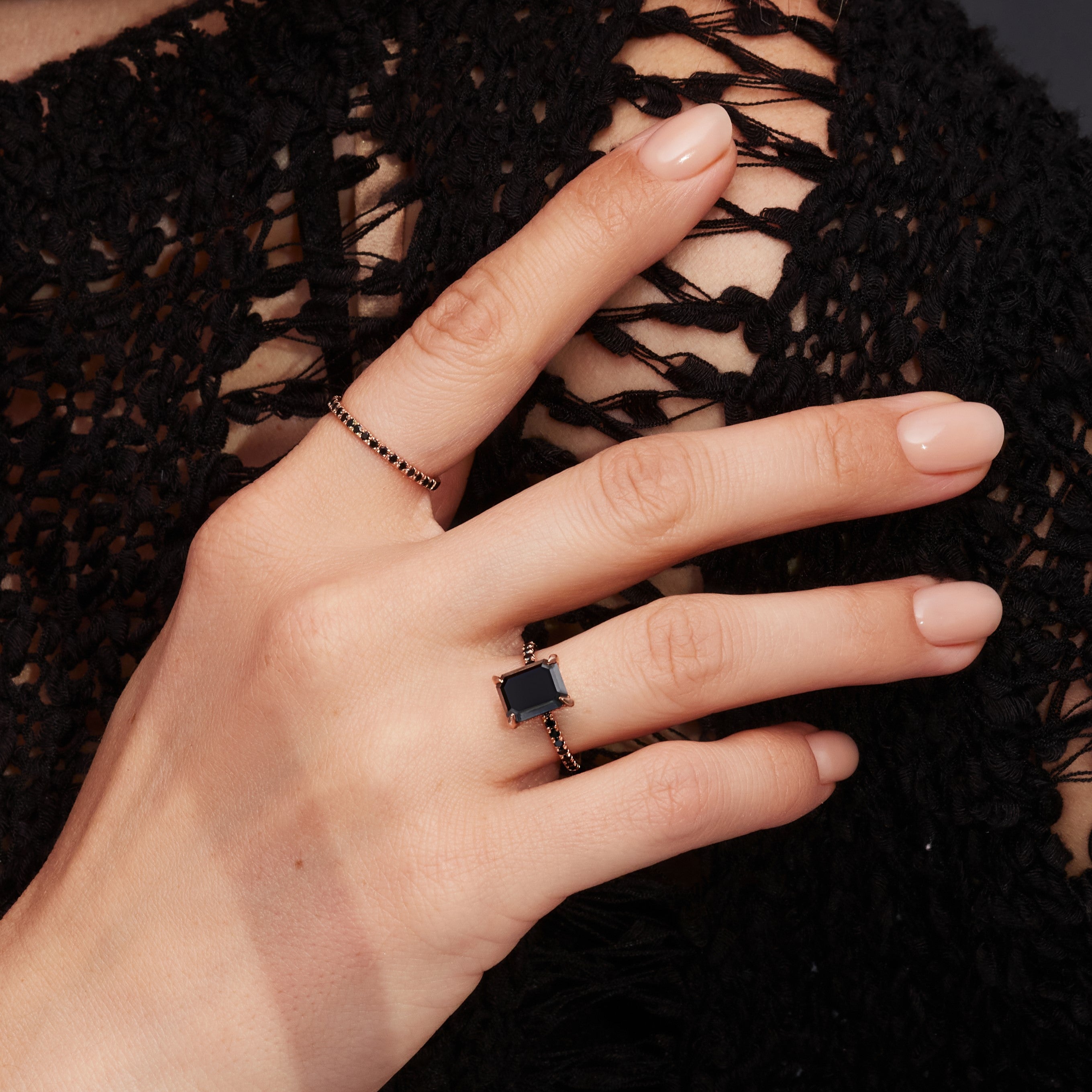 Unique Natural Black Diamond Emerald Cut Engagement Ring In Rose Gold