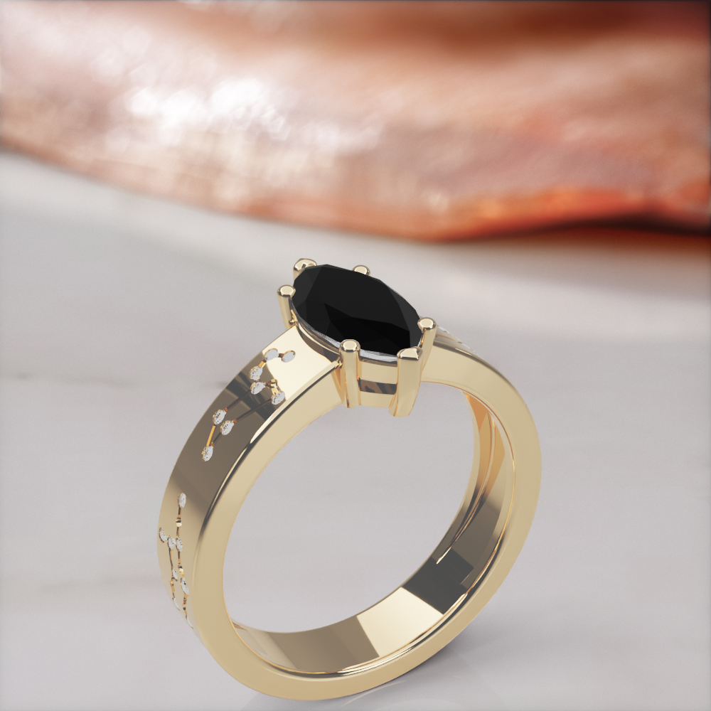 Constellation engagement ring in yellow gold with a natural black marquise diamond and white constellation diamonds, standing three-quarter view
