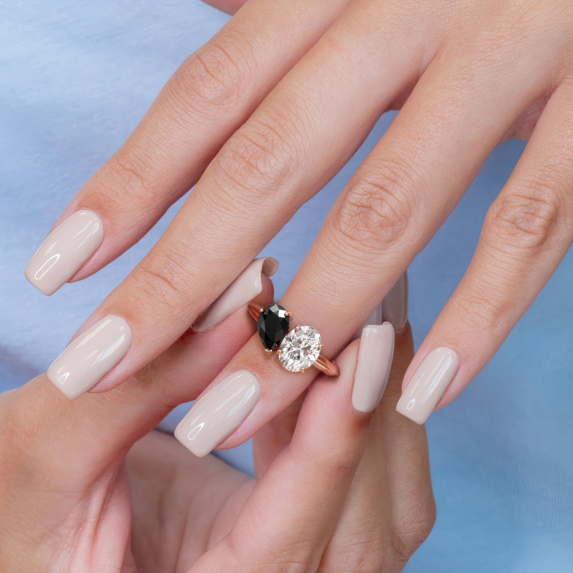 Two Stone  Natural Black Diamond Pear Engagement Ring  in Rose Gold