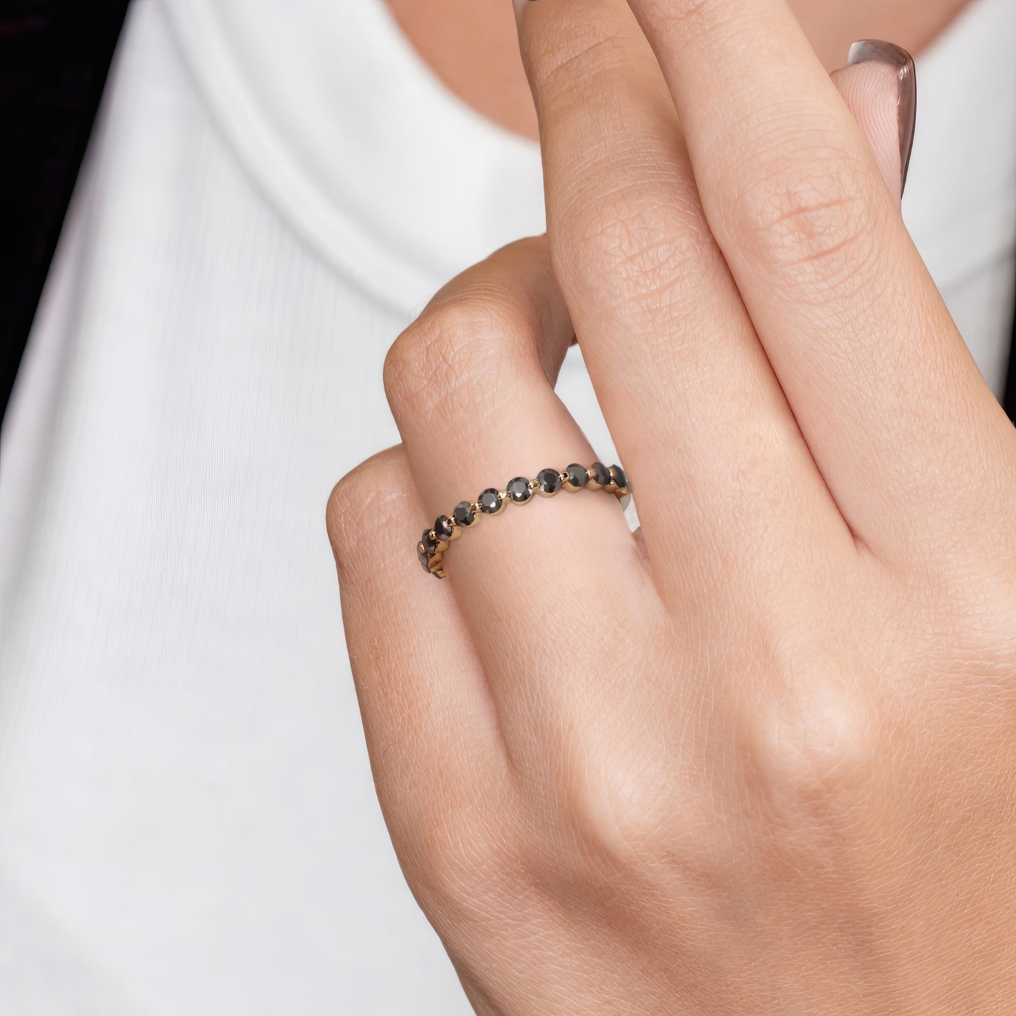 Half Eternity  Natural Black Diamond  Engagement Ring  in Yellow Gold