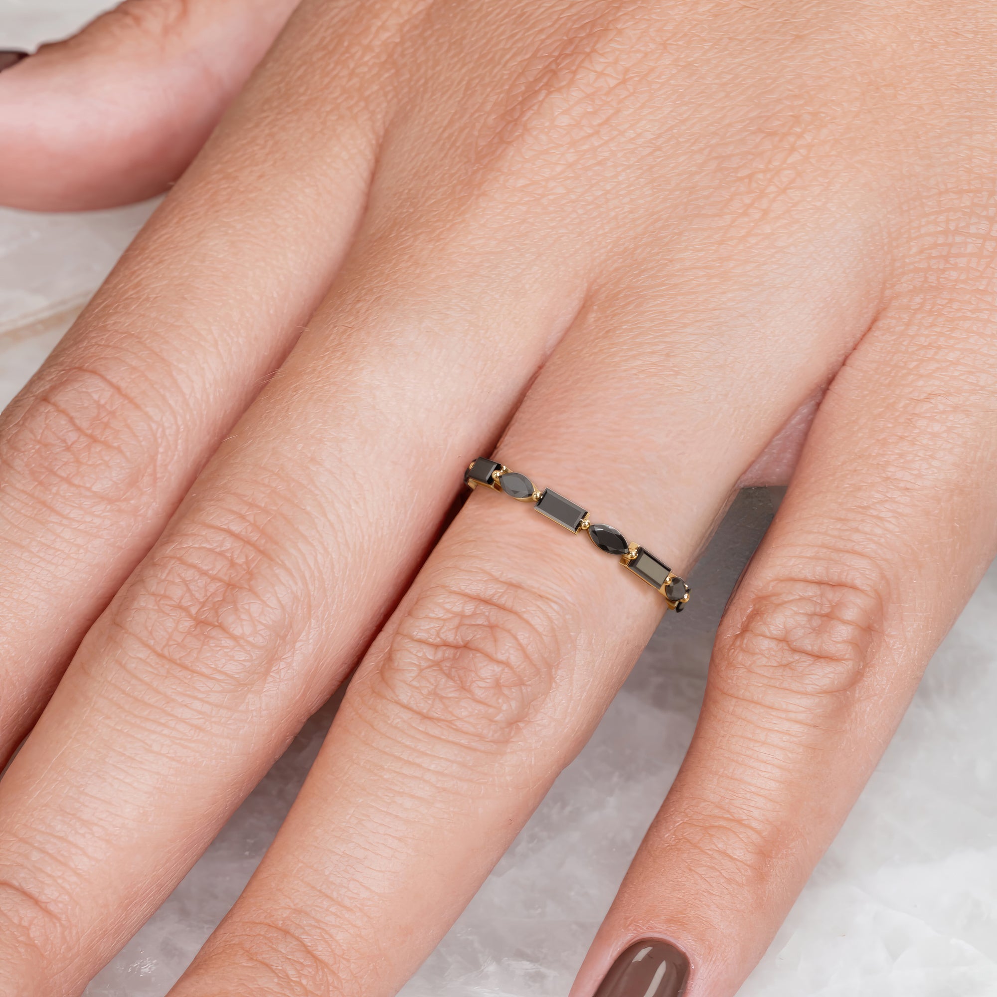 Art Deco Wedding Ring with Round & Baguette Cut Natural Black Diamonds