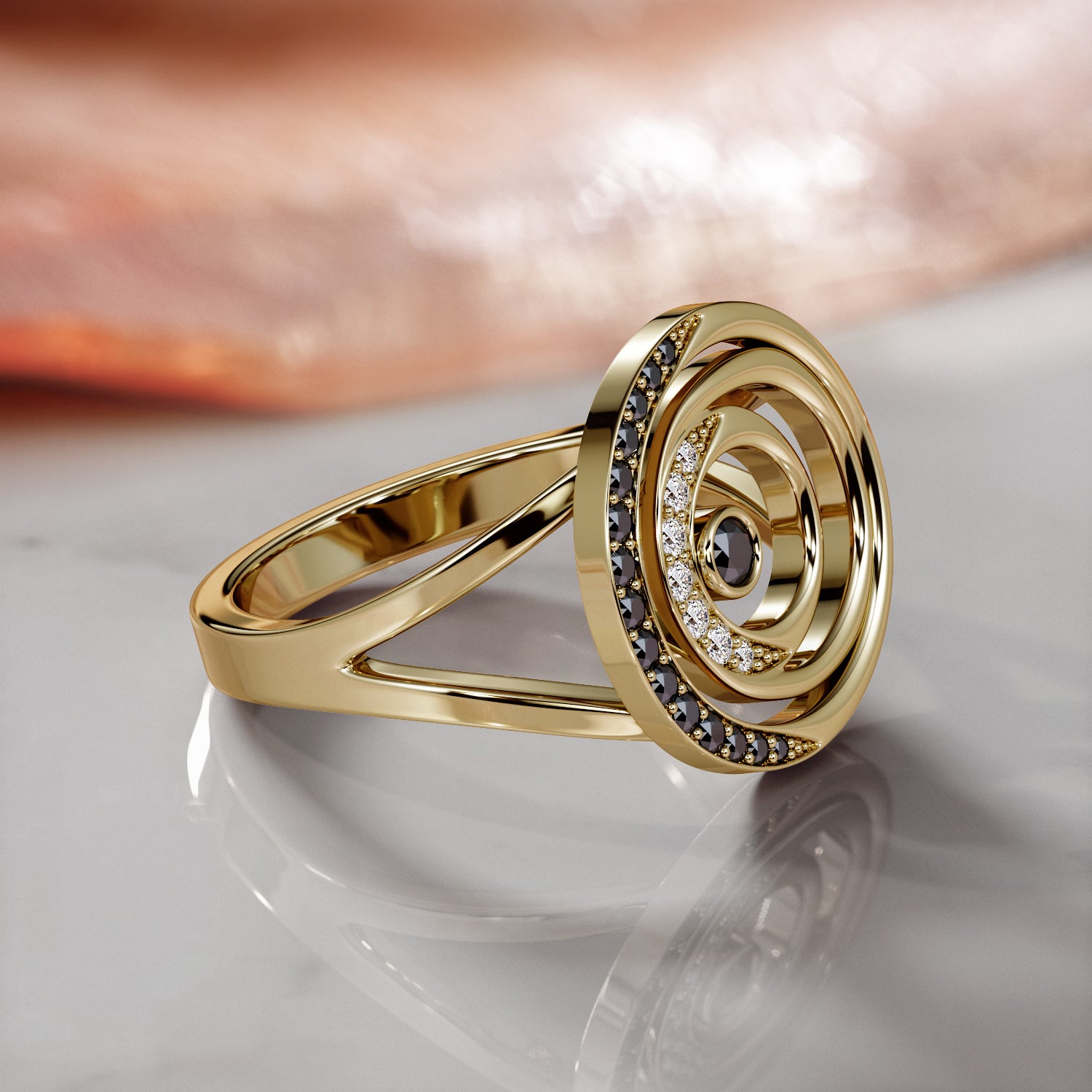 Cresented  Natural Black Diamond Wedding RIng
