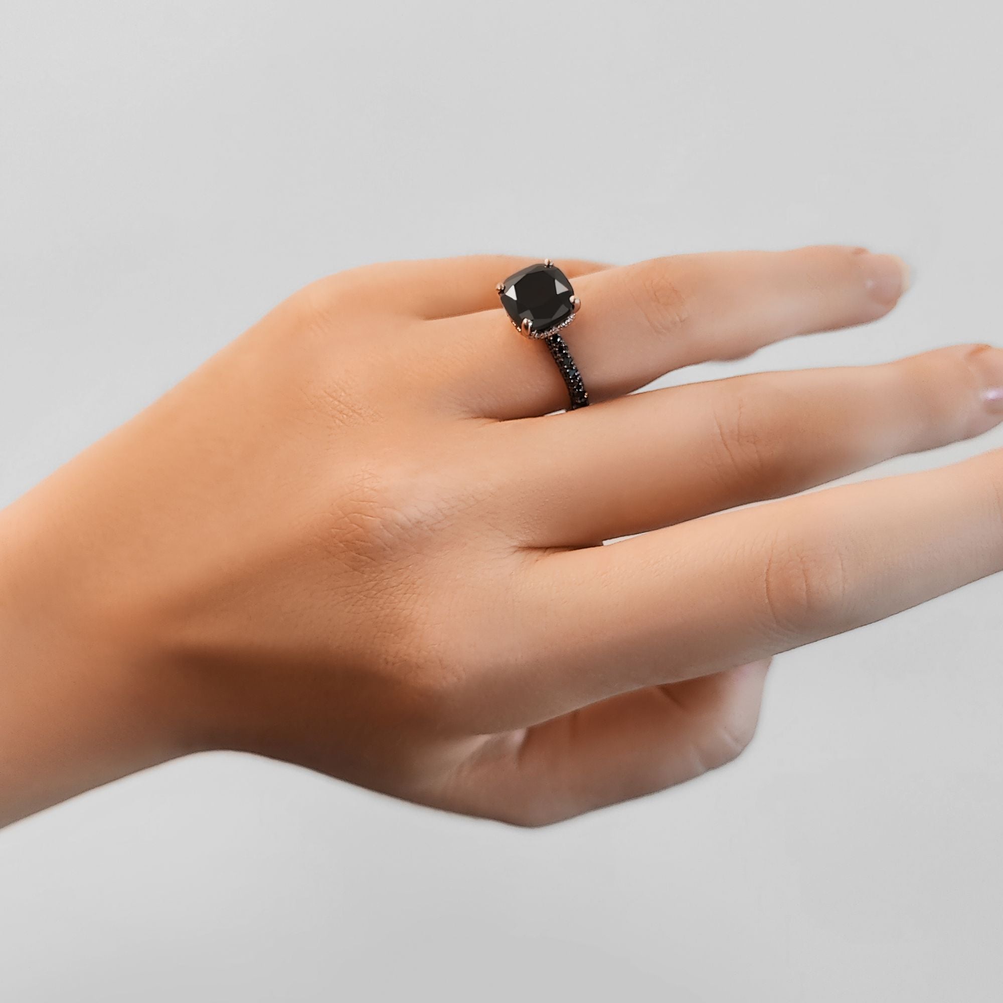 6.44 Carats Three-Sided Band Natural Black Diamond Cushion Engagement Ring