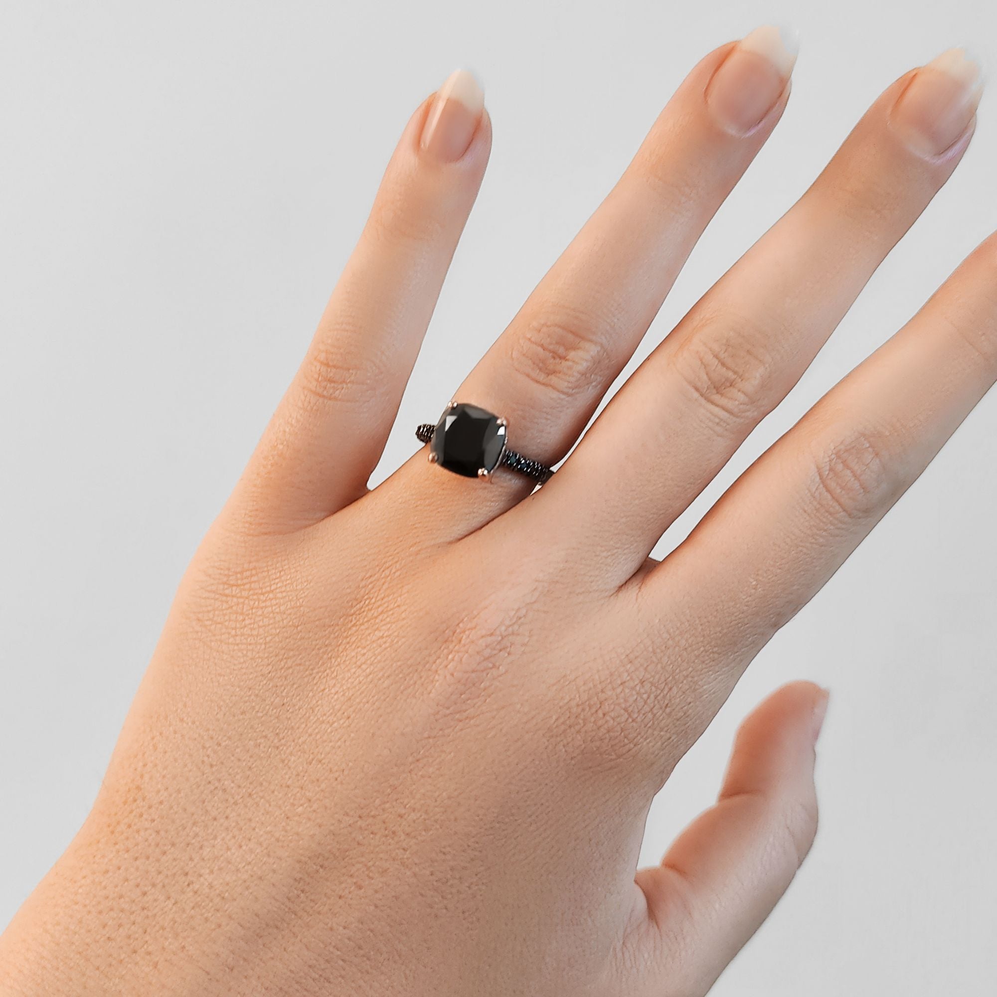 6.44 Carats Three-Sided Band Natural Black Diamond Cushion Engagement Ring