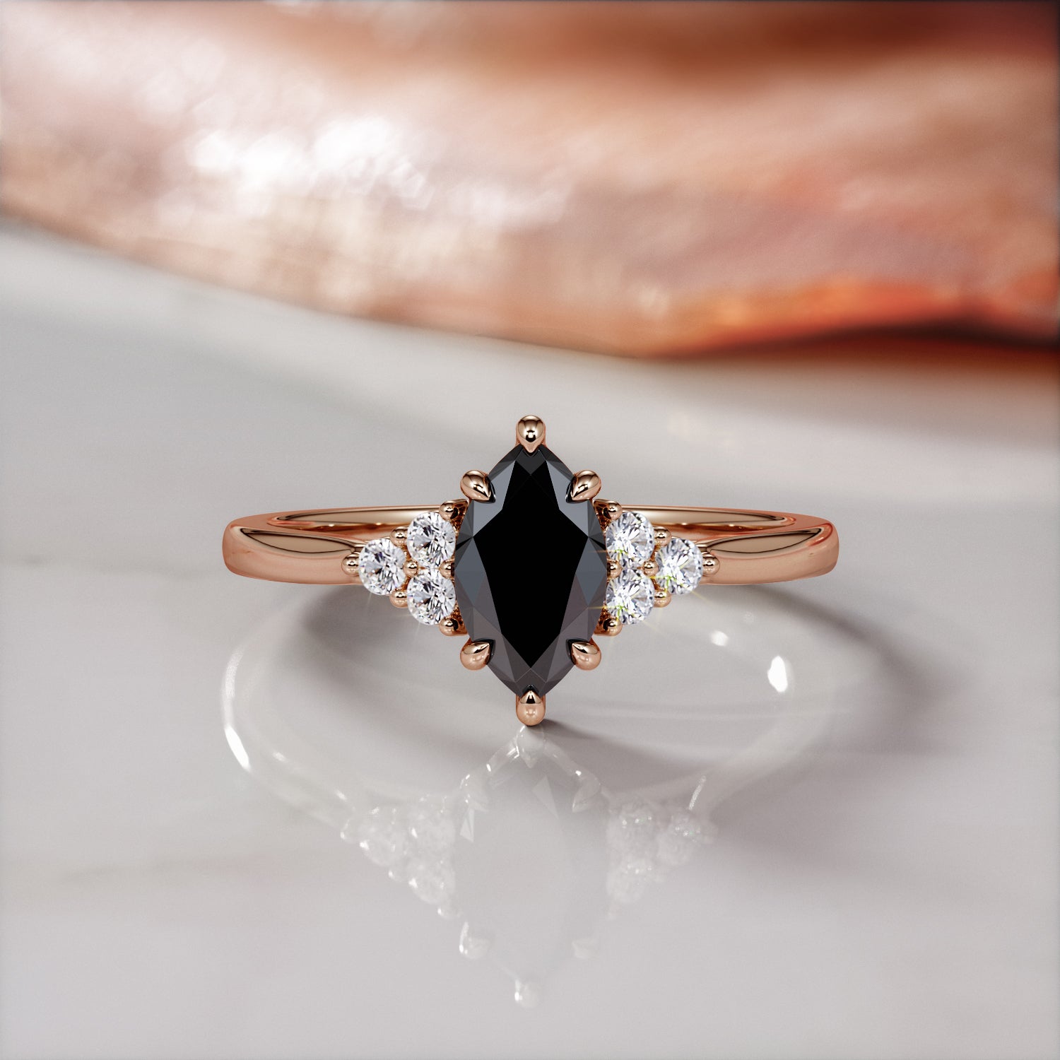 Art-Deco  Natural Black Diamond Marquise Engagement Ring
