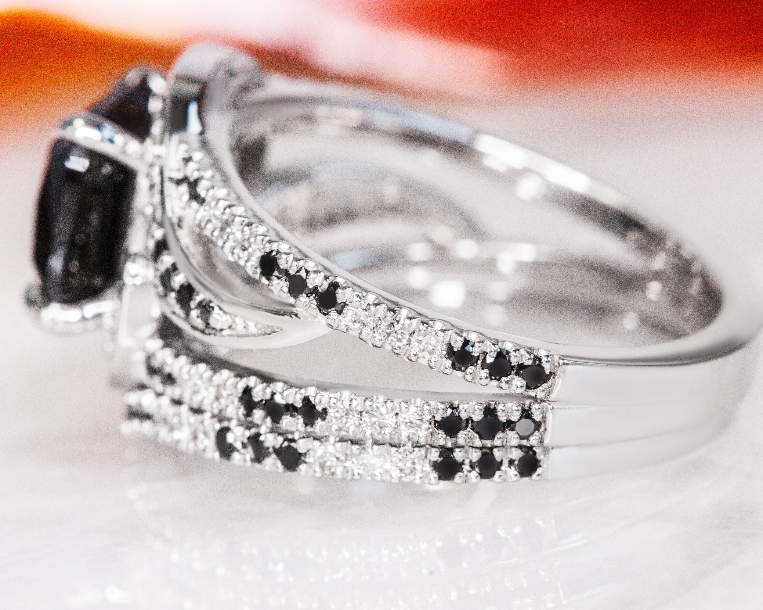 Black & White   Natural Black Diamond Cushion Engagement Ring  in White Gold