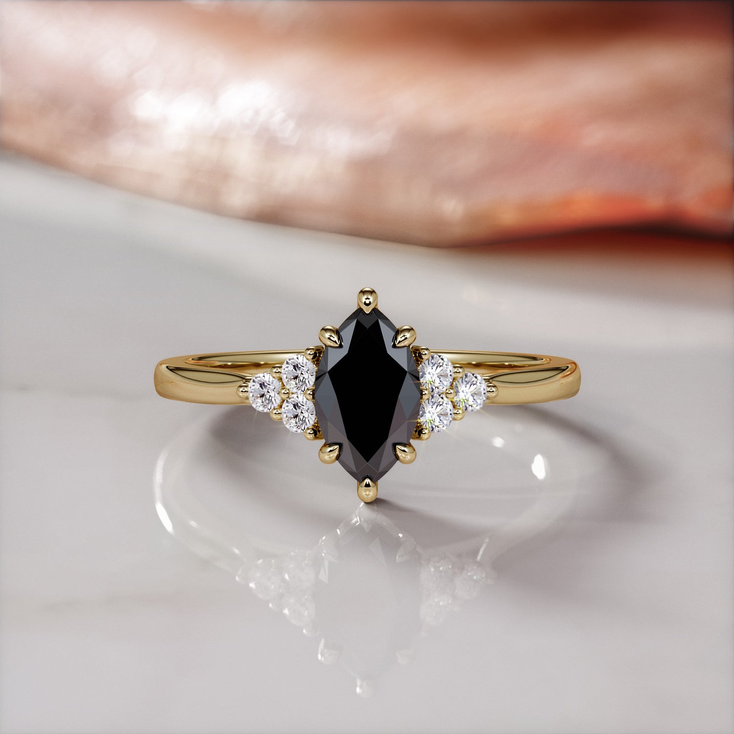 Art-Deco  Natural Black Diamond Marquise Engagement Ring