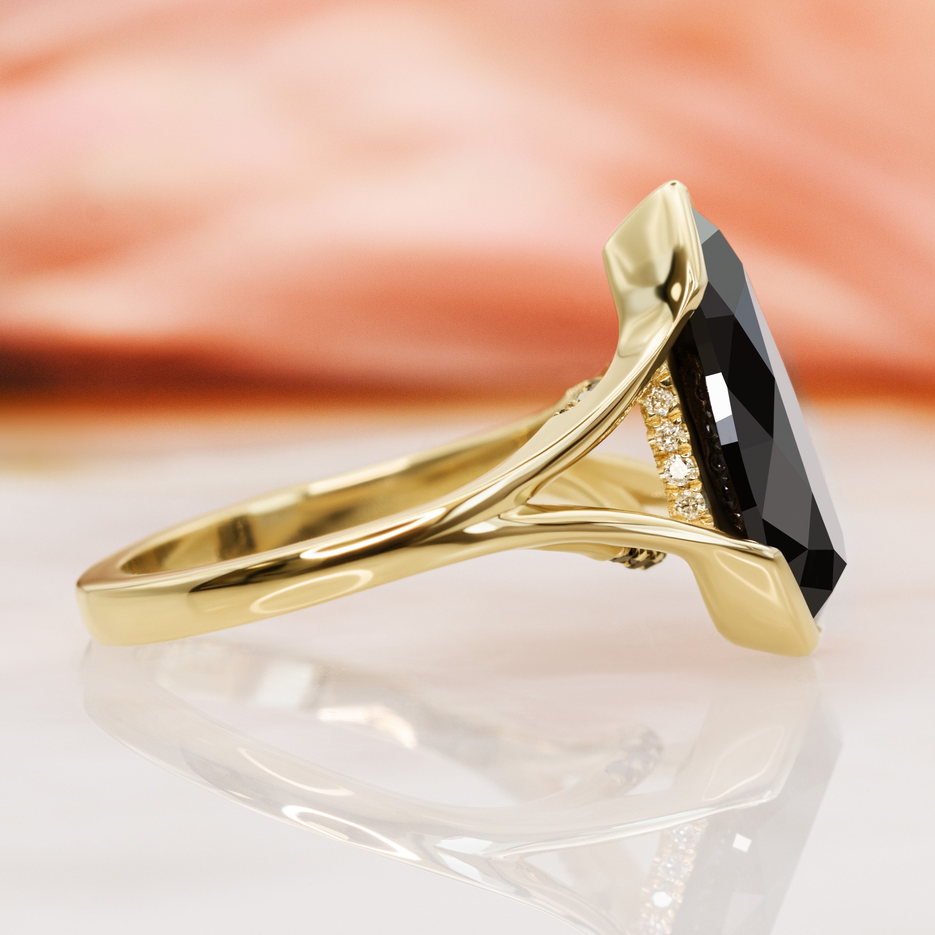 Semi Bezel Natural Black Diamond Elongated Pear Engagement Ring in Yellow Gold