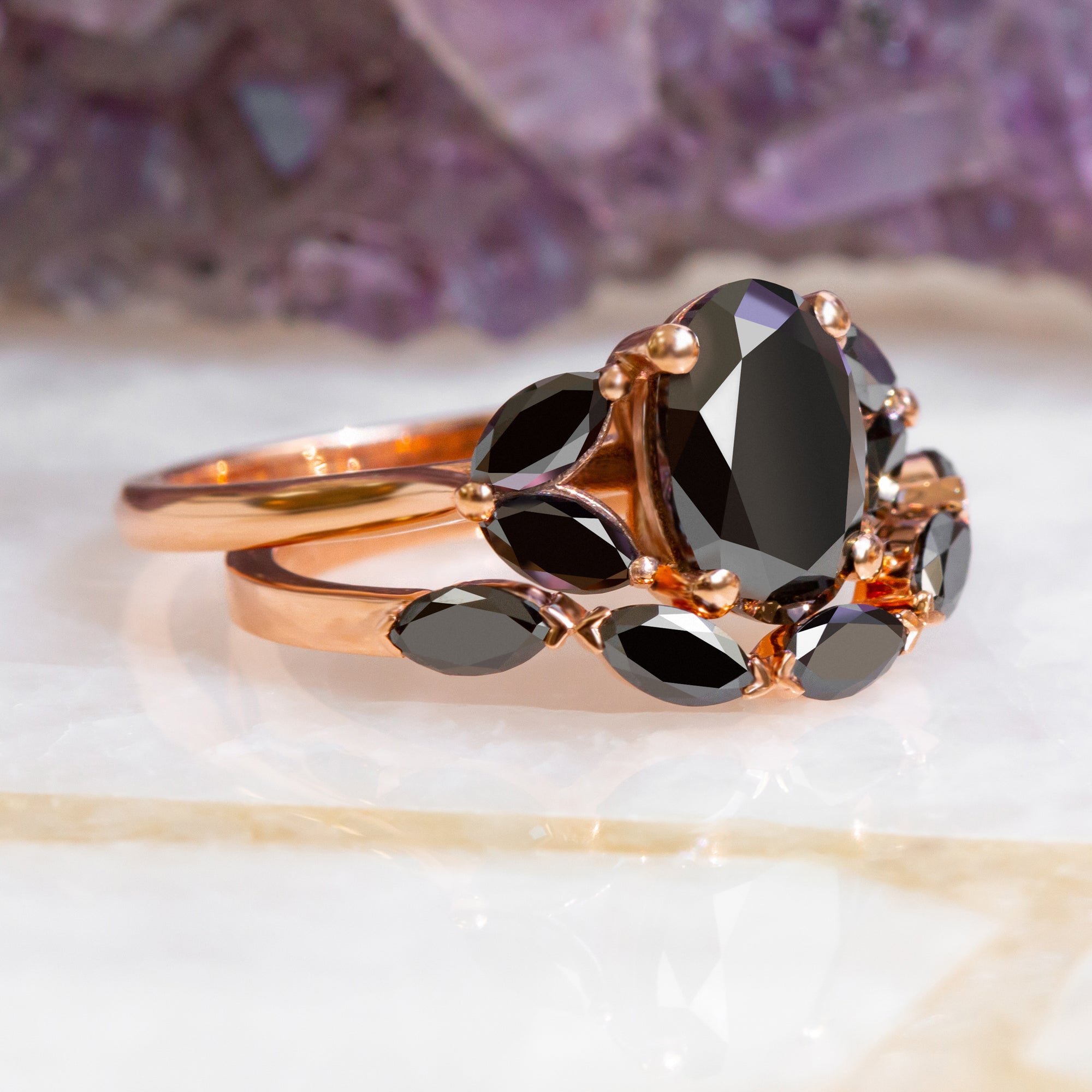 Rosette - Floral Natural Black Diamond Oval Engagement Ring