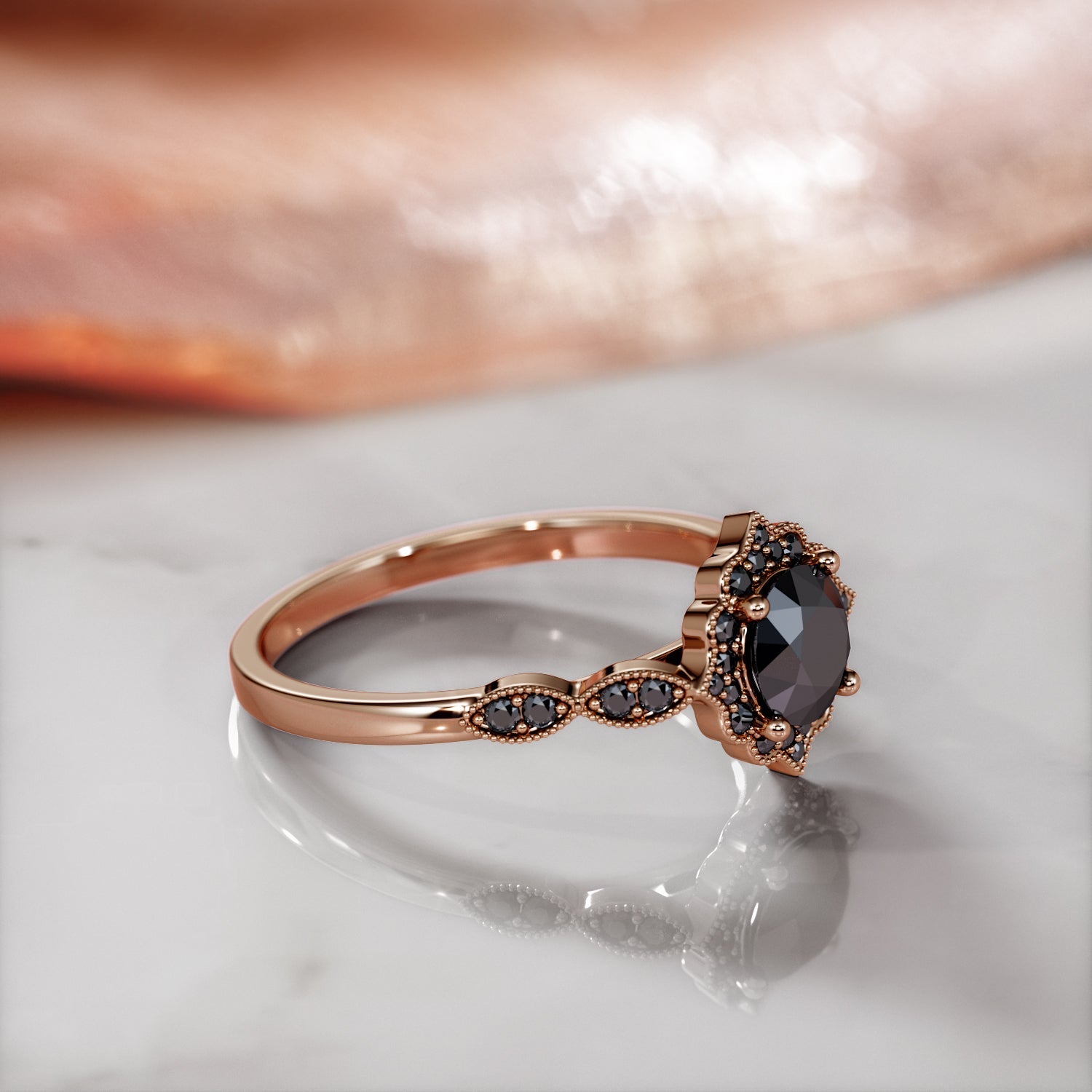 VIntage Halo  Natural Black Diamond Round Engagement Ring