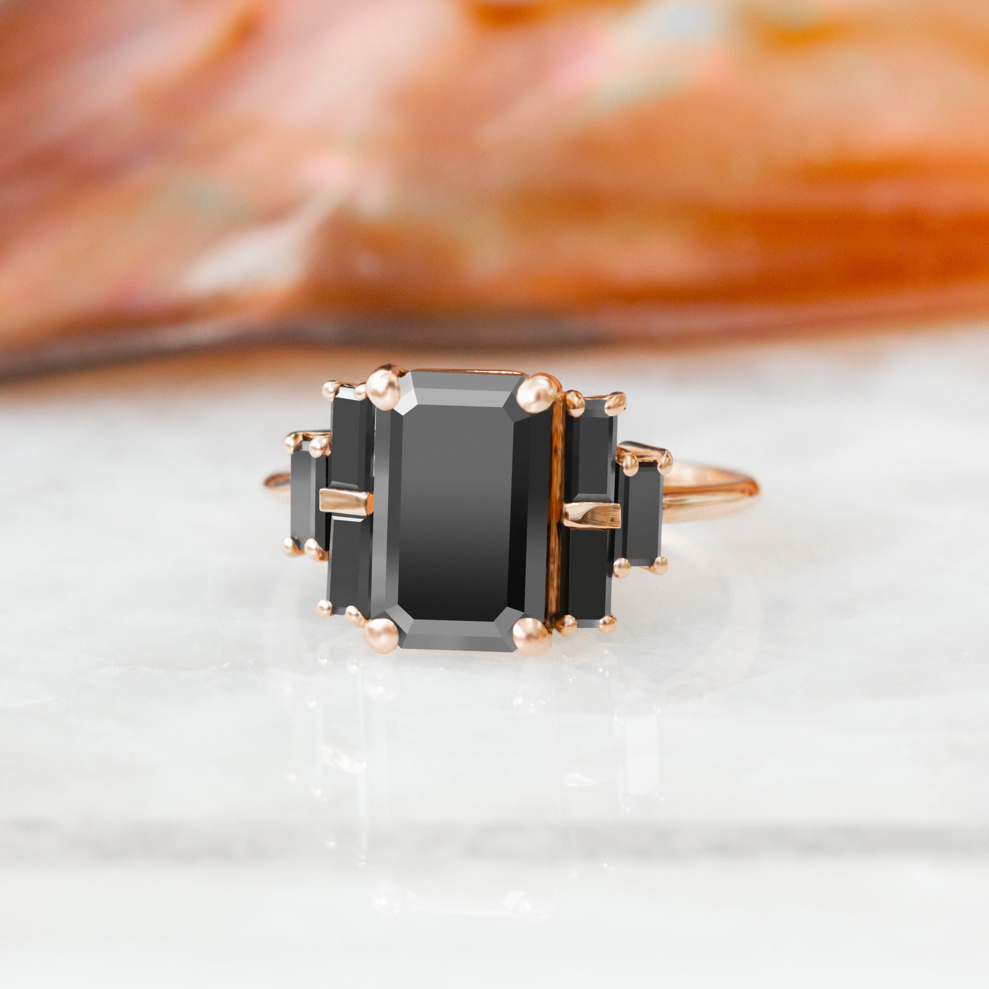 Art Deco Emerald & Baguettes Natural Black Diamond Emerald Engagement Ring